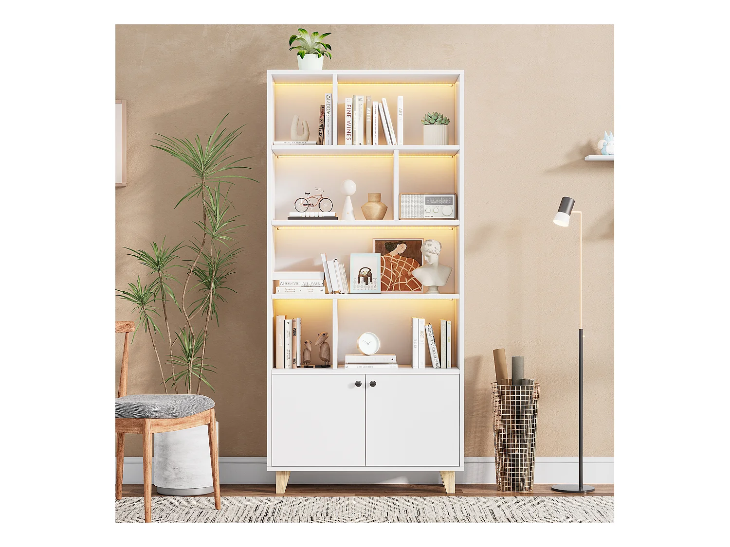 Moderne boekenkast - 80 x 30 x 173 cm - met meerdere opbergruimtes + 2 deuren + LED's - Massief hout + MDF - wit