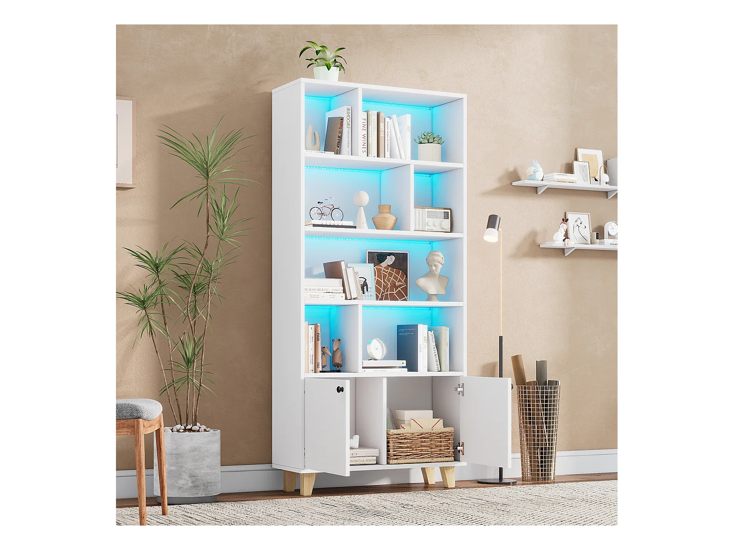 Moderne boekenkast - 80 x 30 x 173 cm - met meerdere opbergruimtes + 2 deuren + LED's - Massief hout + MDF - wit