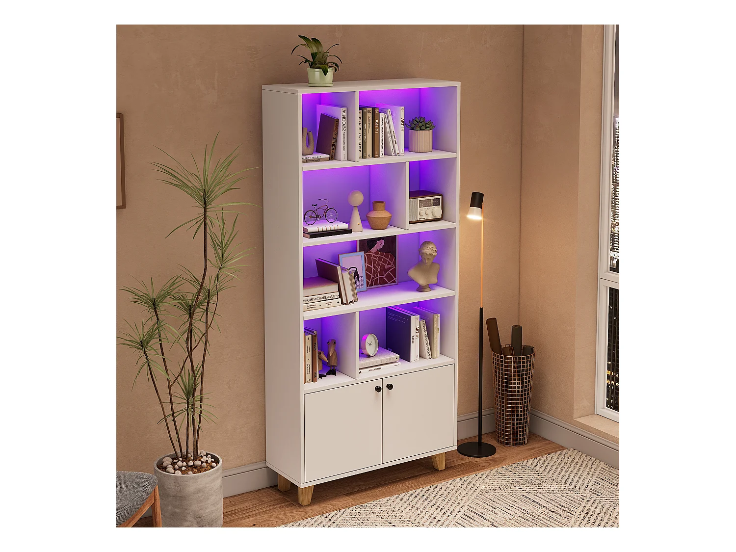 Moderne boekenkast - 80 x 30 x 173 cm - met meerdere opbergruimtes + 2 deuren + LED's - Massief hout + MDF - wit