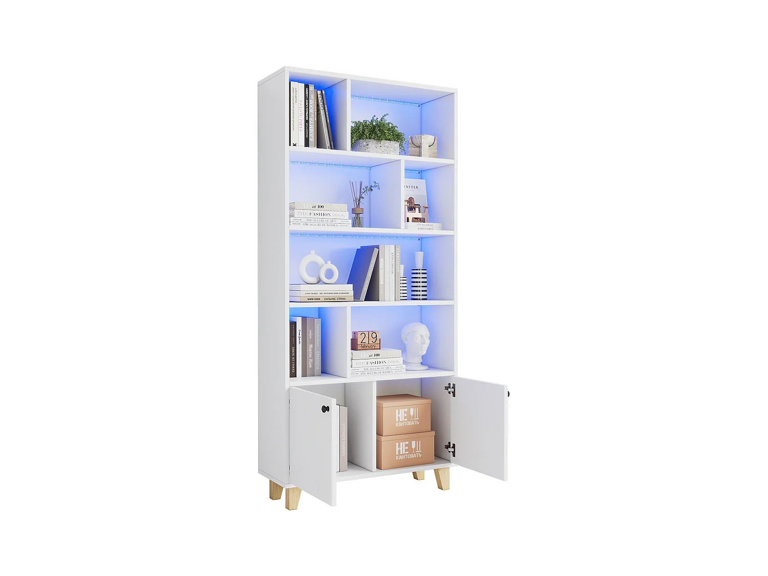 Moderne boekenkast - 80 x 30 x 173 cm - met meerdere opbergruimtes + 2 deuren + LED's - Massief hout + MDF - wit