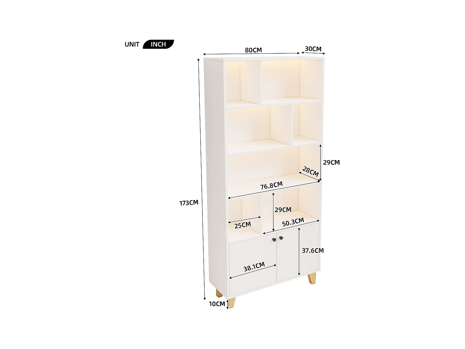 Moderne boekenkast - 80 x 30 x 173 cm - met meerdere opbergruimtes + 2 deuren + LED's - Massief hout + MDF - wit