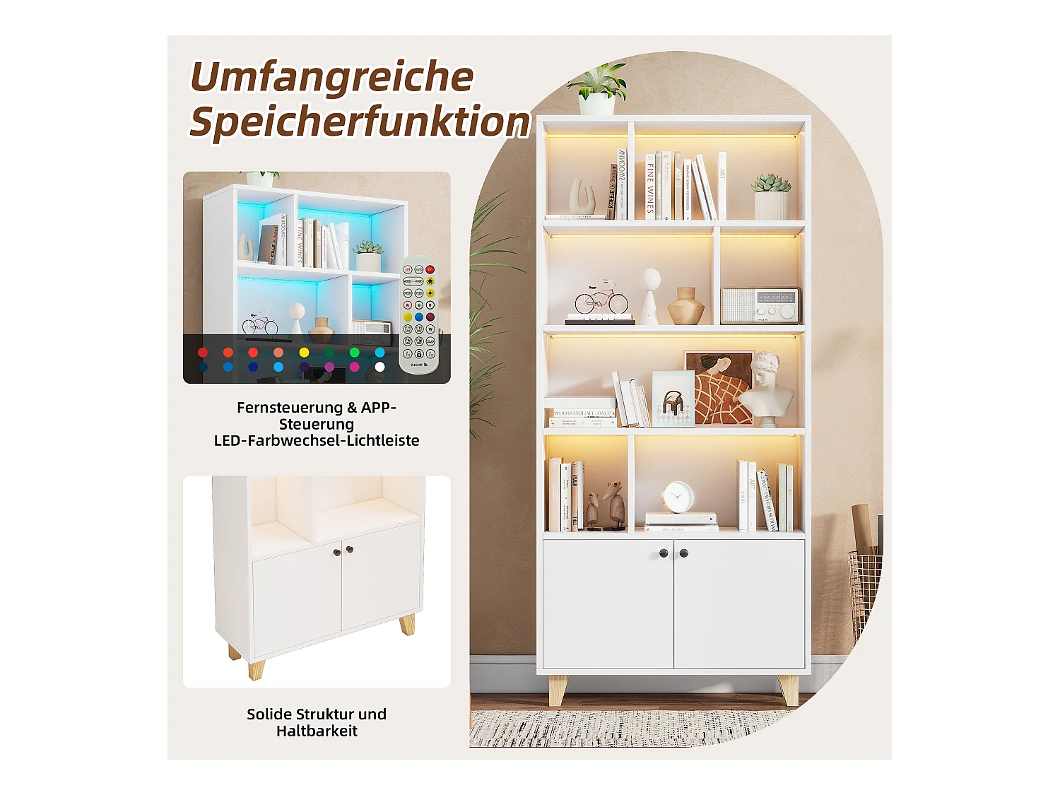Moderne boekenkast - 80 x 30 x 173 cm - met meerdere opbergruimtes + 2 deuren + LED's - Massief hout + MDF - wit