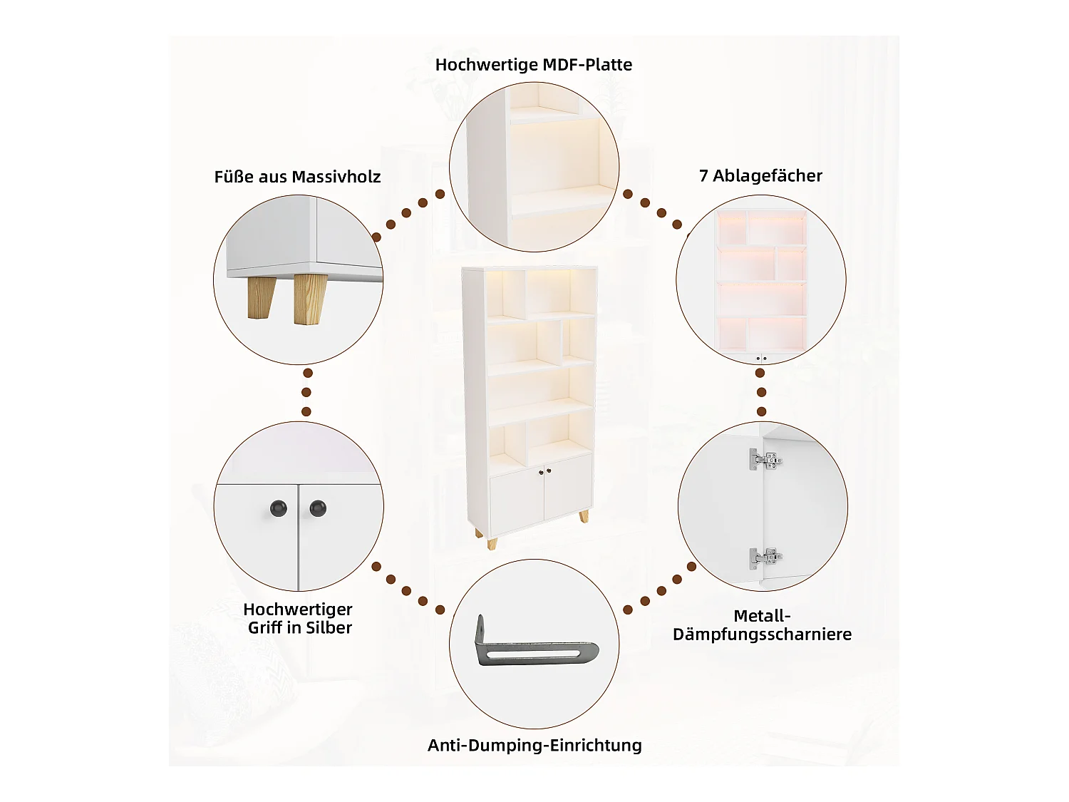 Moderne boekenkast - 80 x 30 x 173 cm - met meerdere opbergruimtes + 2 deuren + LED's - Massief hout + MDF - wit