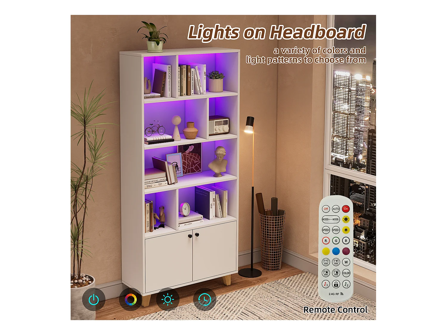 Moderne boekenkast - 80 x 30 x 173 cm - met meerdere opbergruimtes + 2 deuren + LED's - Massief hout + MDF - wit