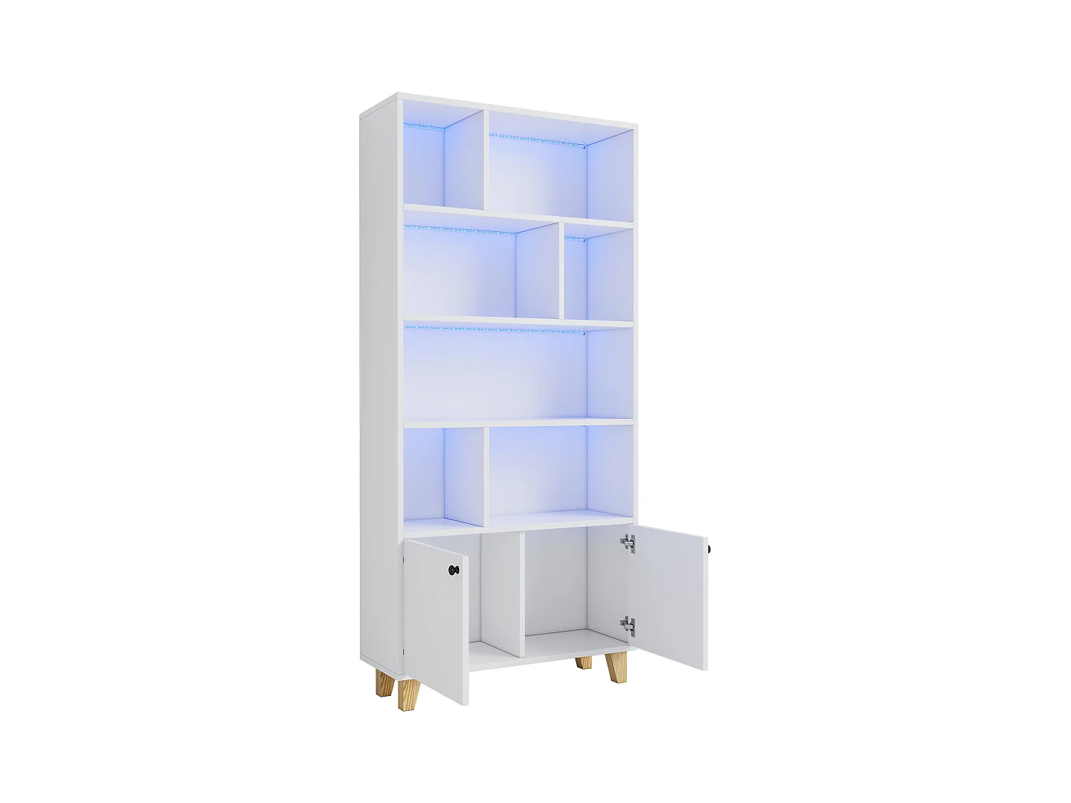 Moderne boekenkast - 80 x 30 x 173 cm - met meerdere opbergruimtes + 2 deuren + LED's - Massief hout + MDF - wit