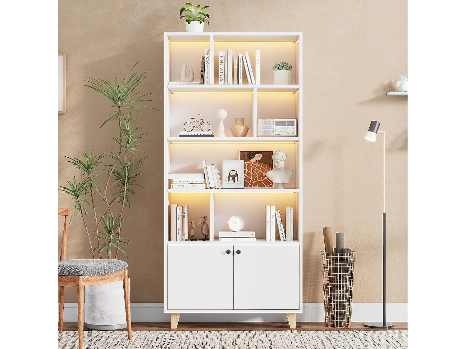 Bibliothèque moderne - 80 x 30 x 173 cm - avec multiples rangement + 2 portes + Leds - Bois massif + MDF - blanc