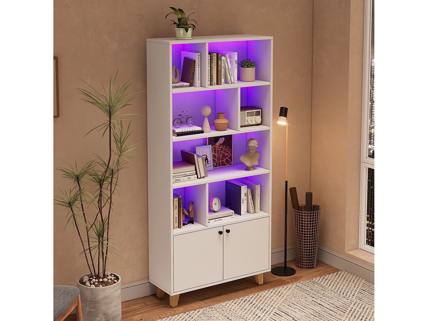 Bibliothèque moderne - 80 x 30 x 173 cm - avec multiples rangement + 2 portes + Leds - Bois massif + MDF - blanc