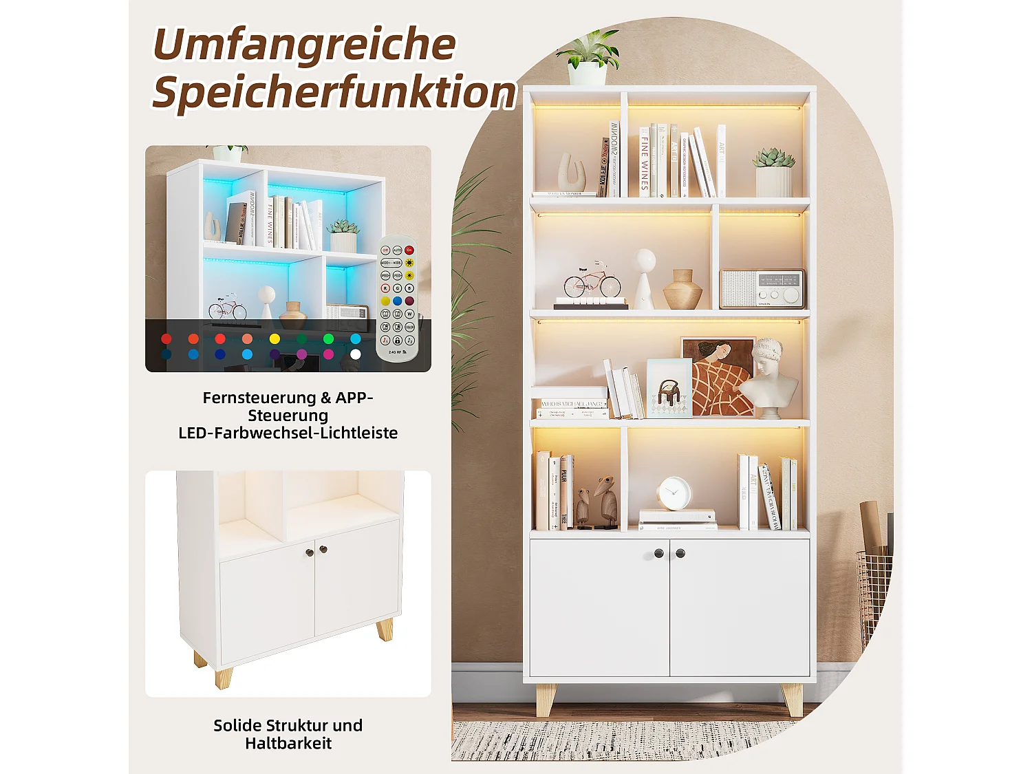 Bibliothèque moderne - 80 x 30 x 173 cm - avec multiples rangement + 2 portes + Leds - Bois massif + MDF - blanc