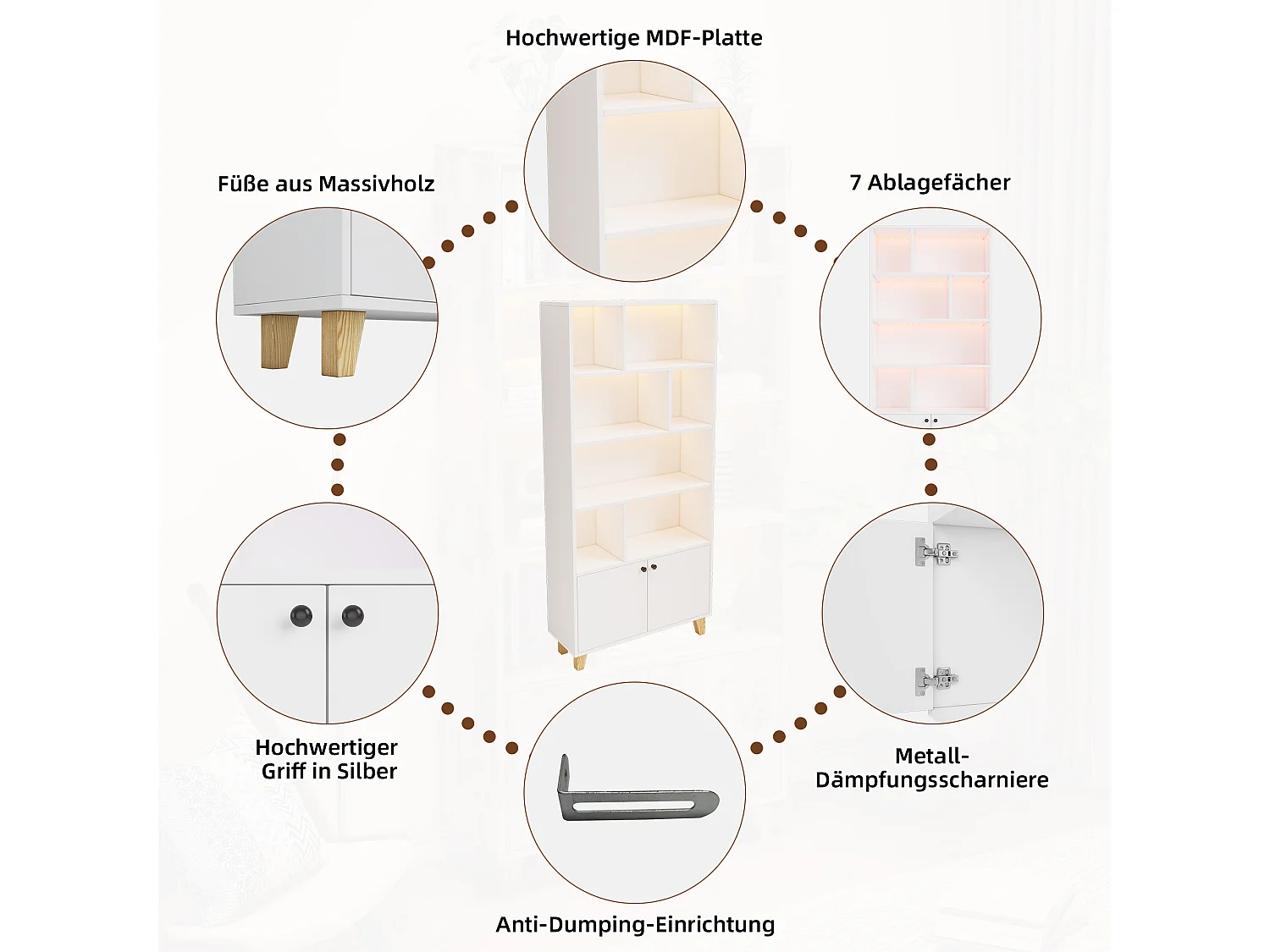 Bibliothèque moderne - 80 x 30 x 173 cm - avec multiples rangement + 2 portes + Leds - Bois massif + MDF - blanc