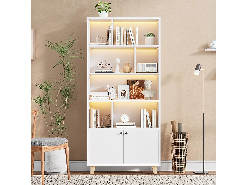 Estante moderna - 80 x 30 x 173 cm - com vários espaços de armazenamento + 2 portas + LEDs - Madeira maciça + MDF - branco