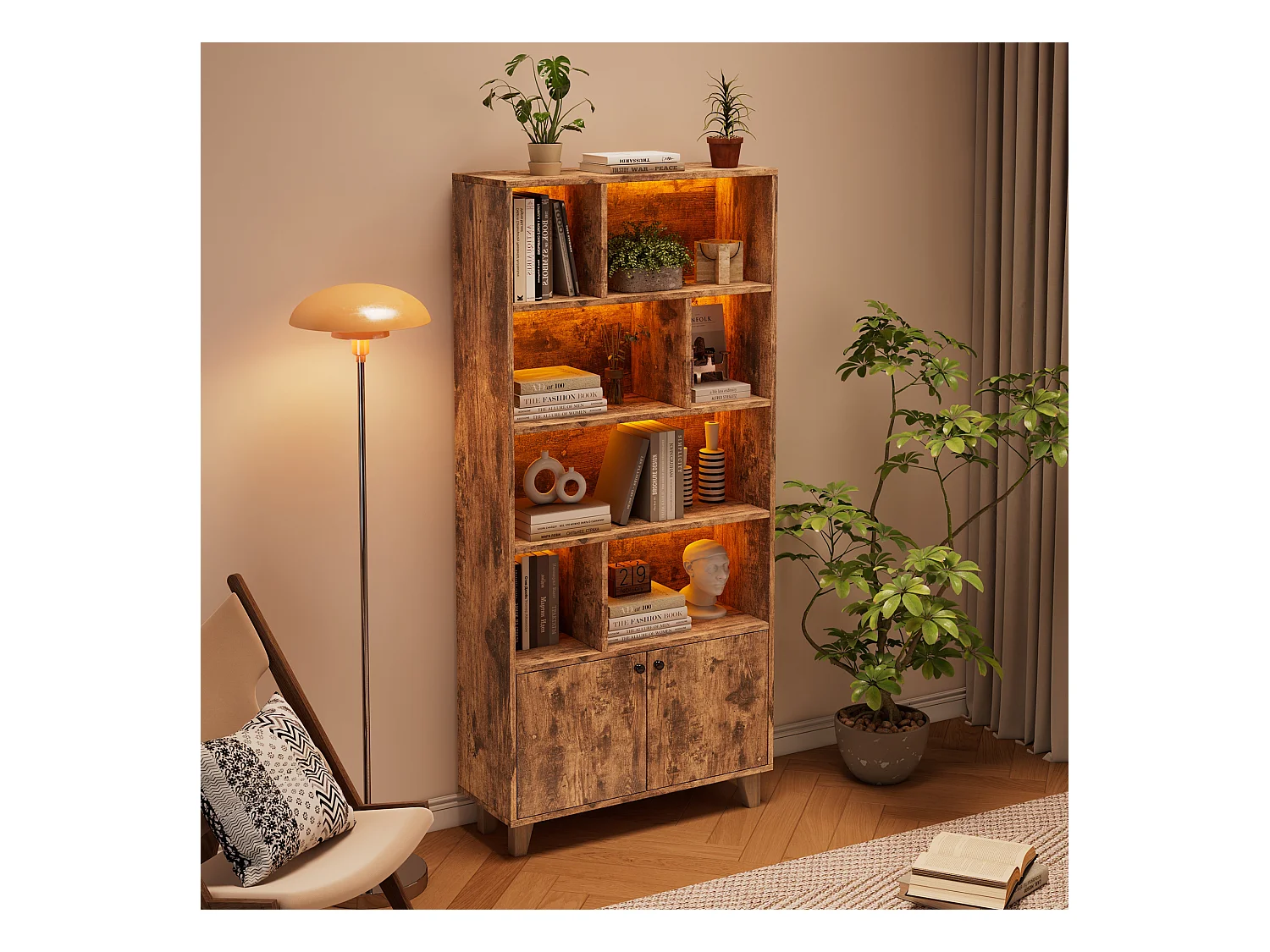 Bibliothèque moderne - 80 x 30 x 173 cm - avec multiples rangement + 2 portes + Leds - Bois massif + MDF - marron