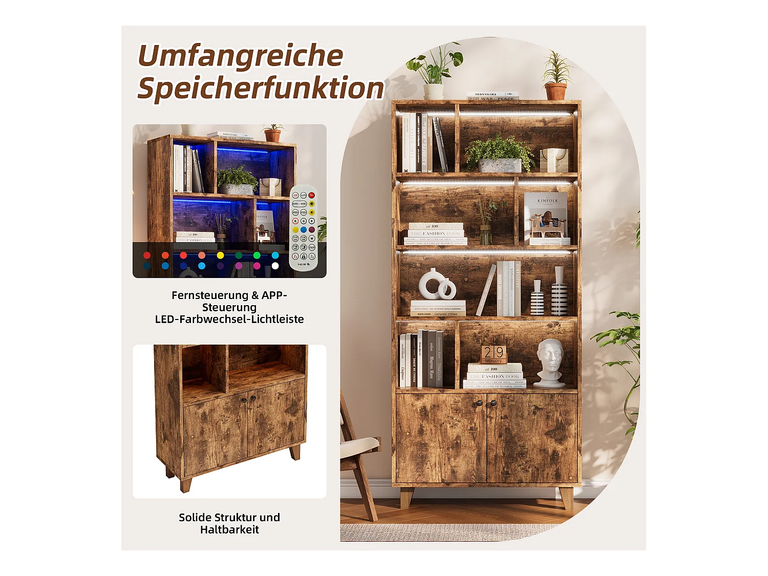 Bibliothèque moderne - 80 x 30 x 173 cm - avec multiples rangement + 2 portes + Leds - Bois massif + MDF - marron