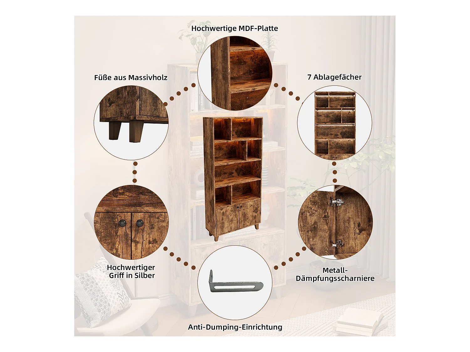 Bibliothèque moderne - 80 x 30 x 173 cm - avec multiples rangement + 2 portes + Leds - Bois massif + MDF - marron