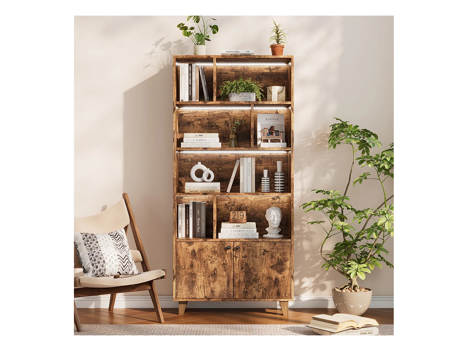 Modernes Bücherregal - 80 x 30 x 173 cm - mit viel Stauraum + 2 Türen + LEDs - Massivholz + MDF - Braun