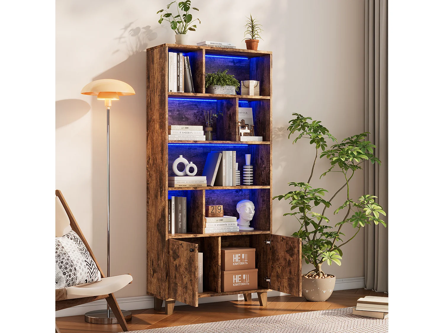 Libreria moderna - 80 x 30 x 173 cm - con più vani portaoggetti + 2 ante + LED - Legno massello + MDF - marrone