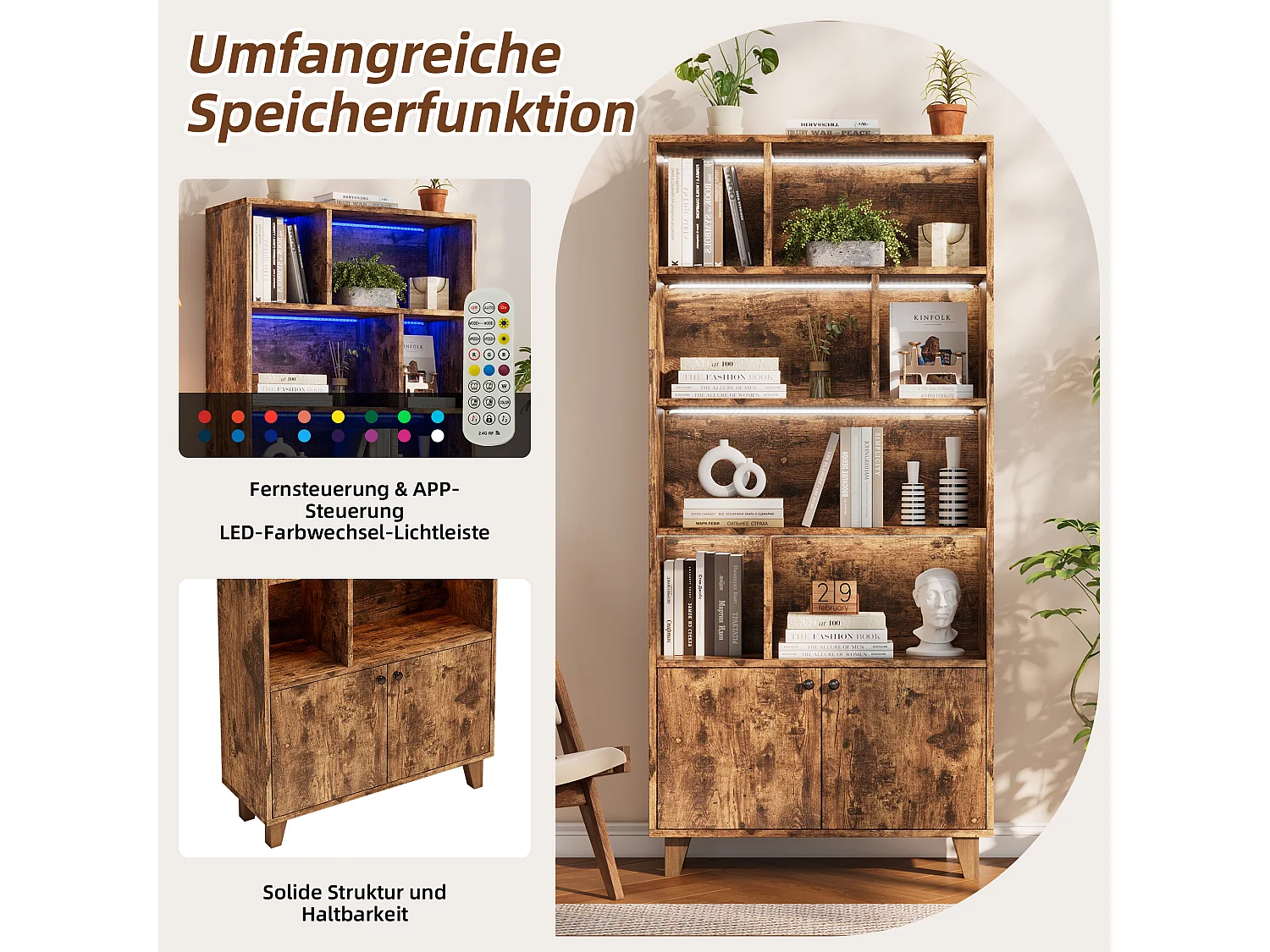 Libreria moderna - 80 x 30 x 173 cm - con più vani portaoggetti + 2 ante + LED - Legno massello + MDF - marrone