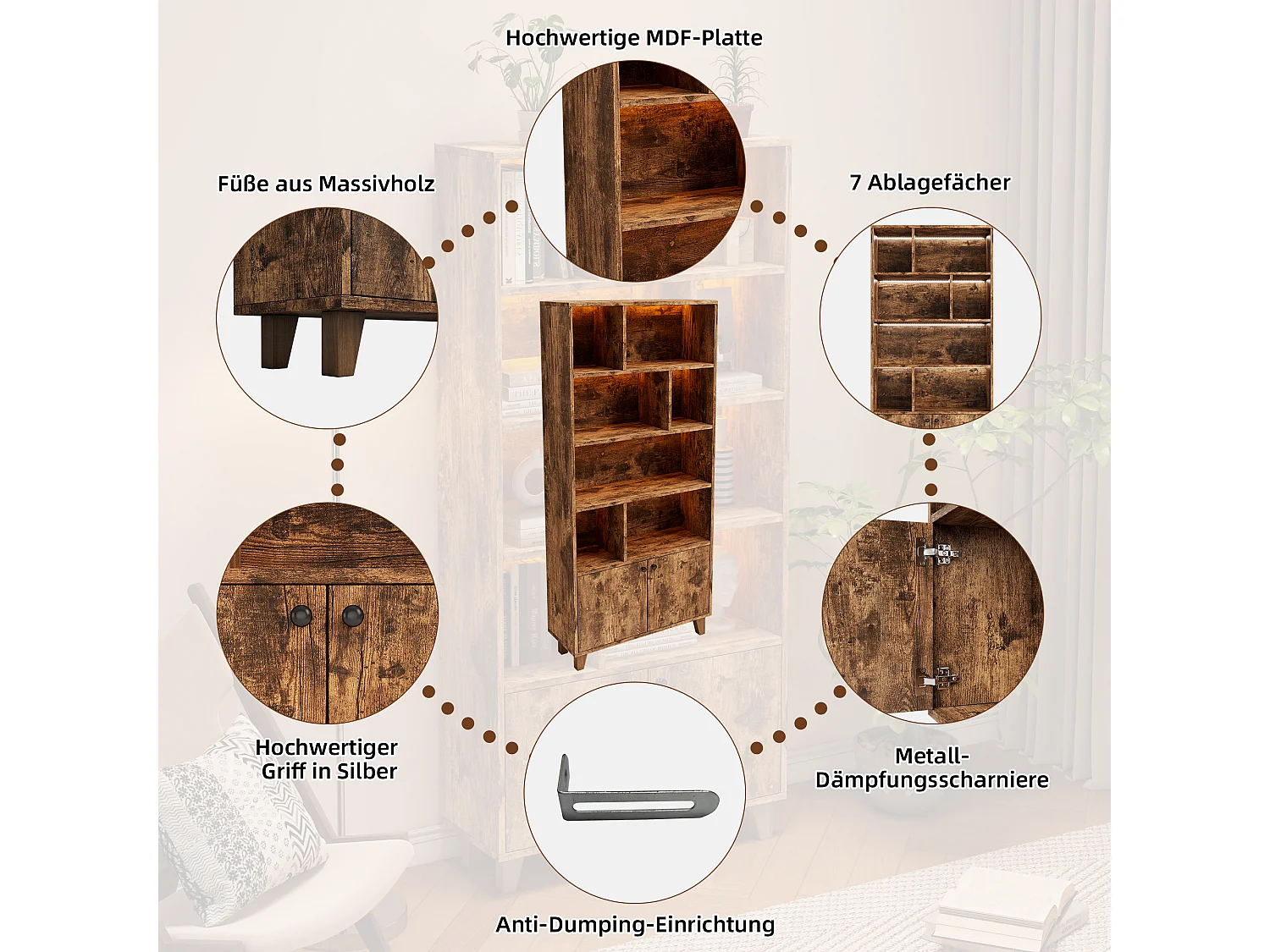 Libreria moderna - 80 x 30 x 173 cm - con più vani portaoggetti + 2 ante + LED - Legno massello + MDF - marrone