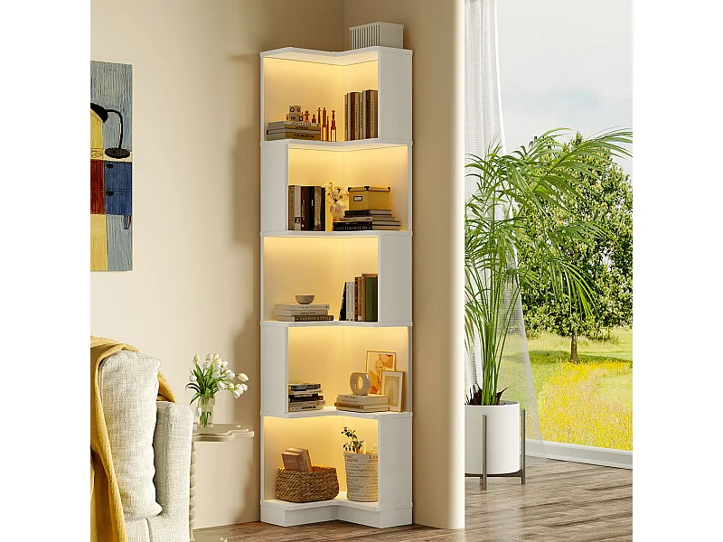 Eckbücherregal - 63,5 x 45 x 175 cm - mit LEDs + 5-stufigem Stauraum - MDF - weiß