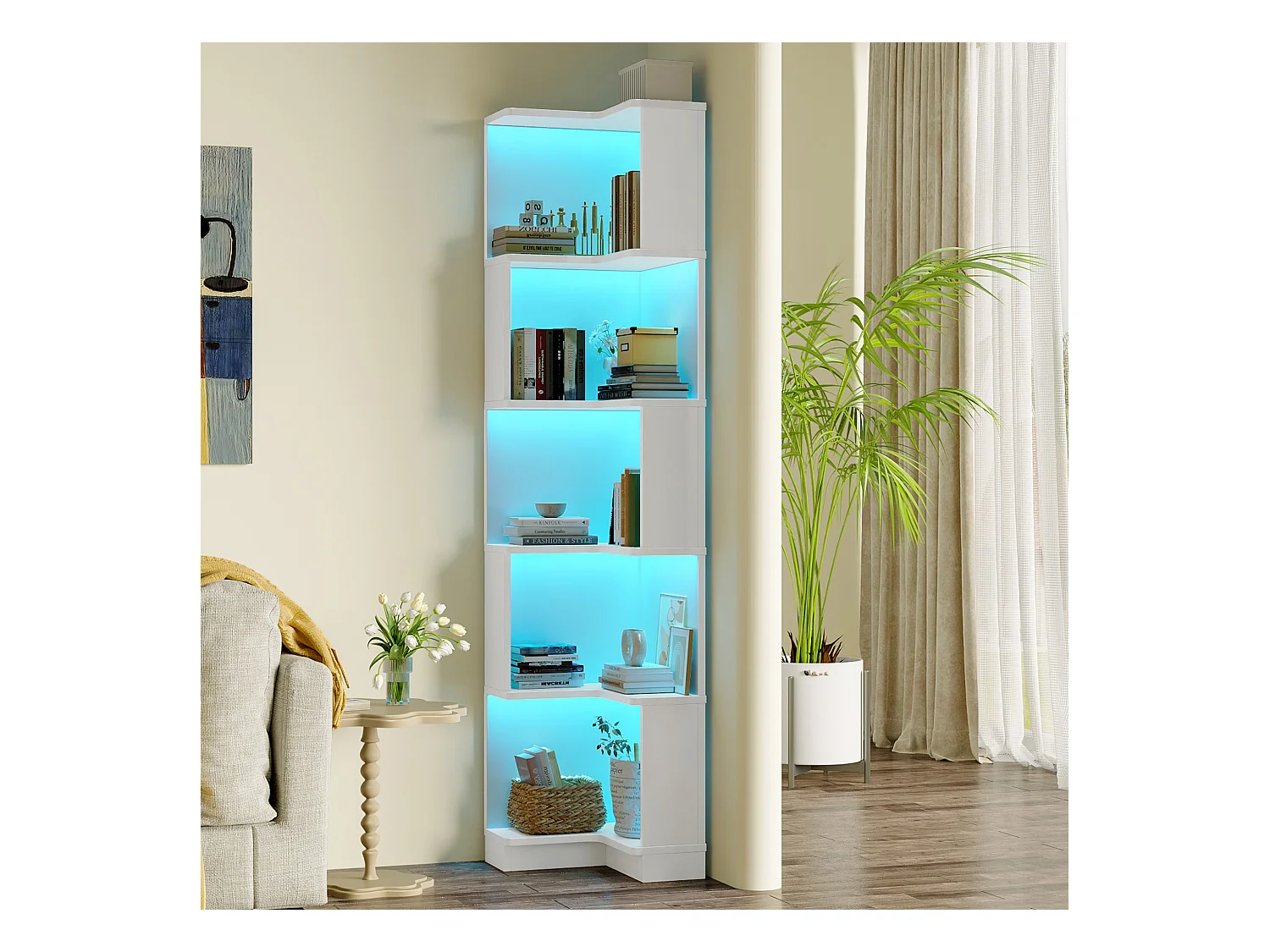 Bibliothèque d'angle - 63,5 x 45 x 175 cm - avec Leds + rangement à 5 niveaux - MDF - blanc