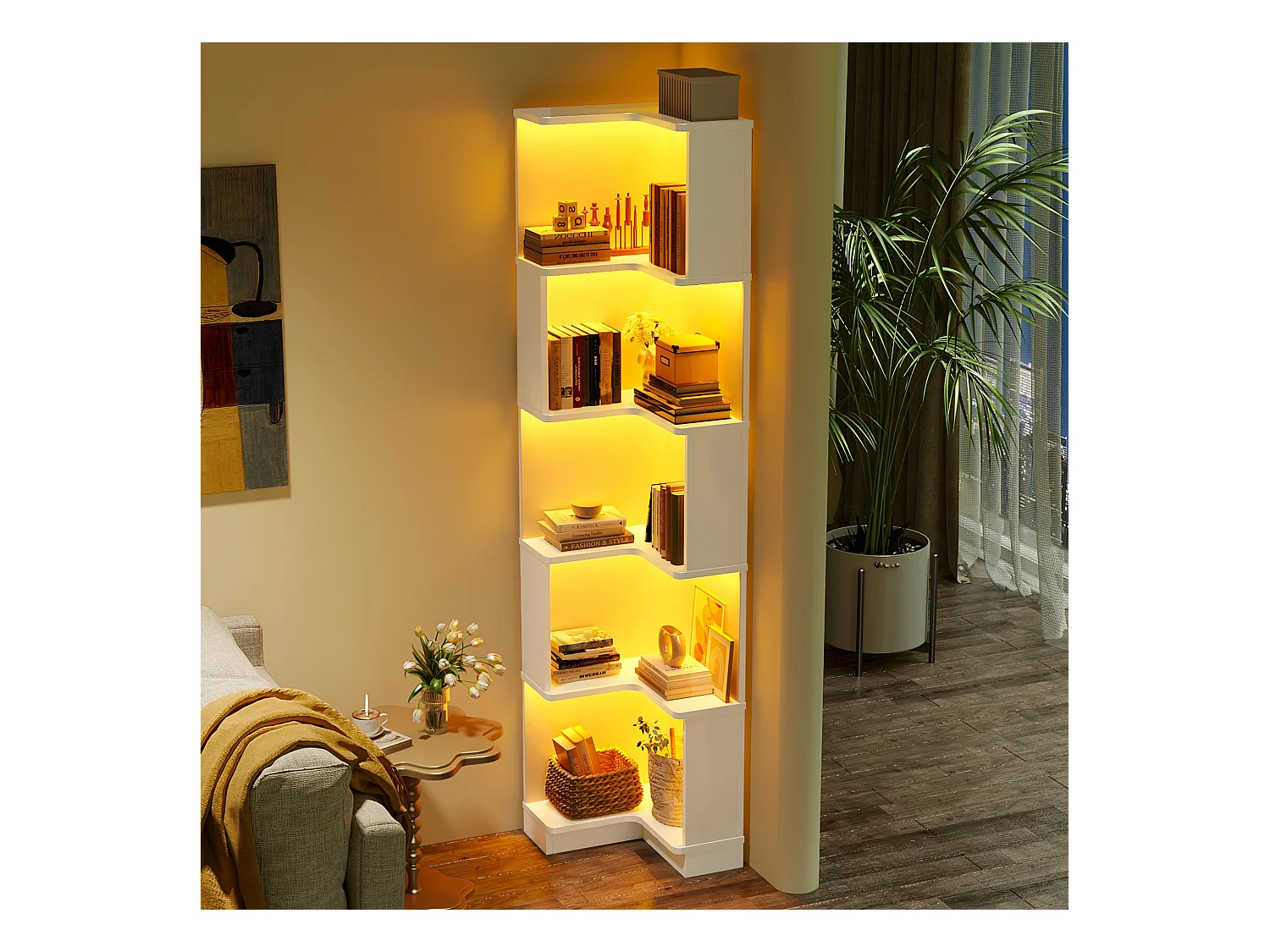 Bibliothèque d'angle - 63,5 x 45 x 175 cm - avec Leds + rangement à 5 niveaux - MDF - blanc