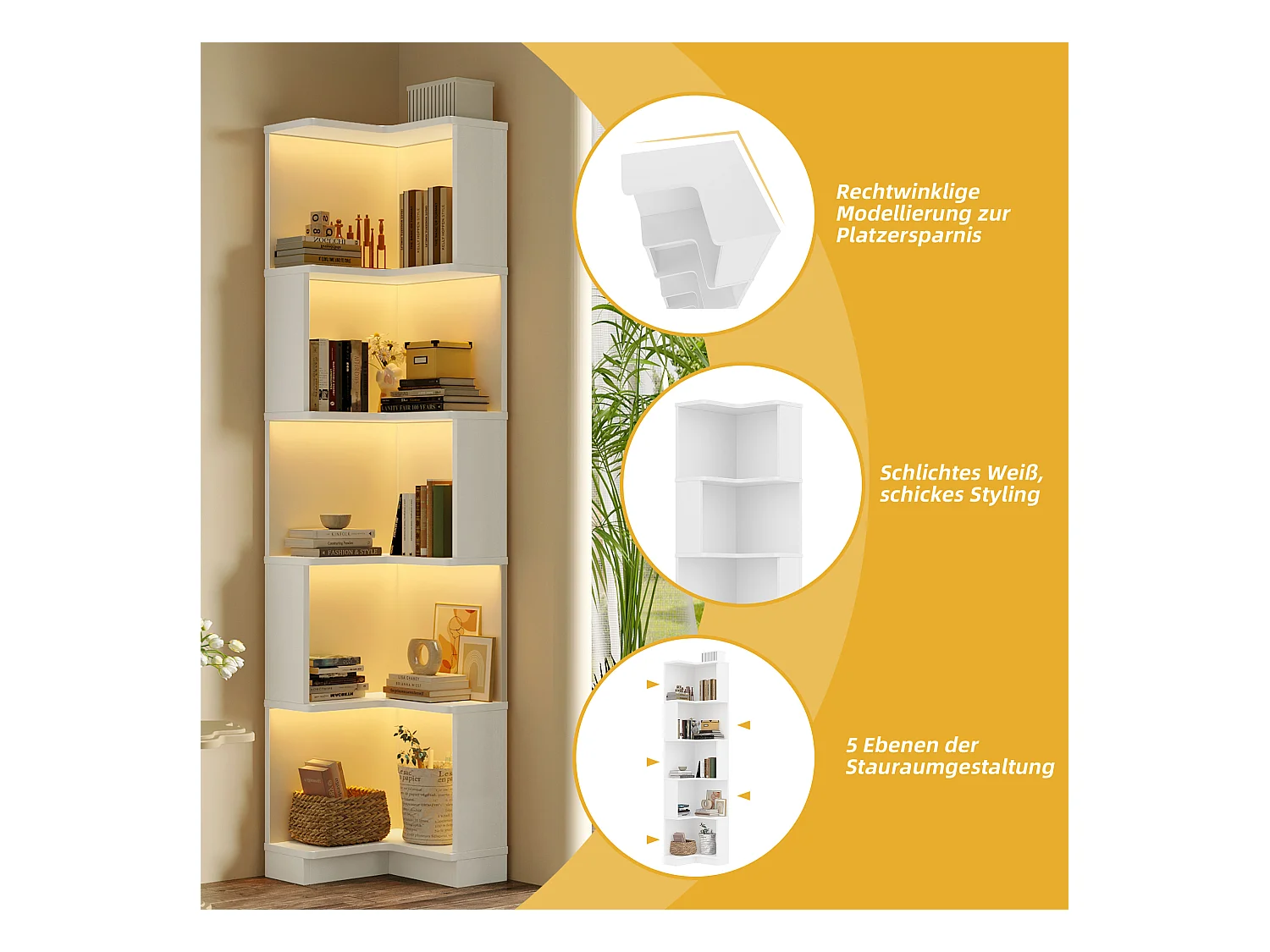 Bibliothèque d'angle - 63,5 x 45 x 175 cm - avec Leds + rangement à 5 niveaux - MDF - blanc