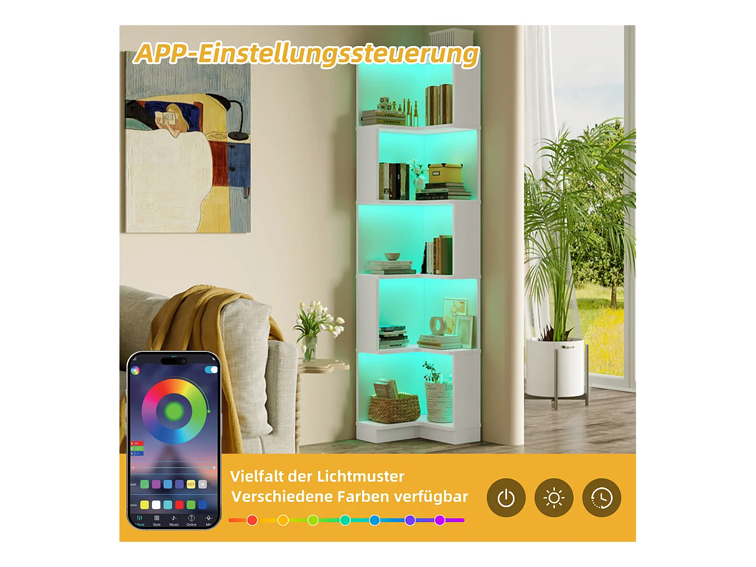 Bibliothèque d'angle - 63,5 x 45 x 175 cm - avec Leds + rangement à 5 niveaux - MDF - blanc