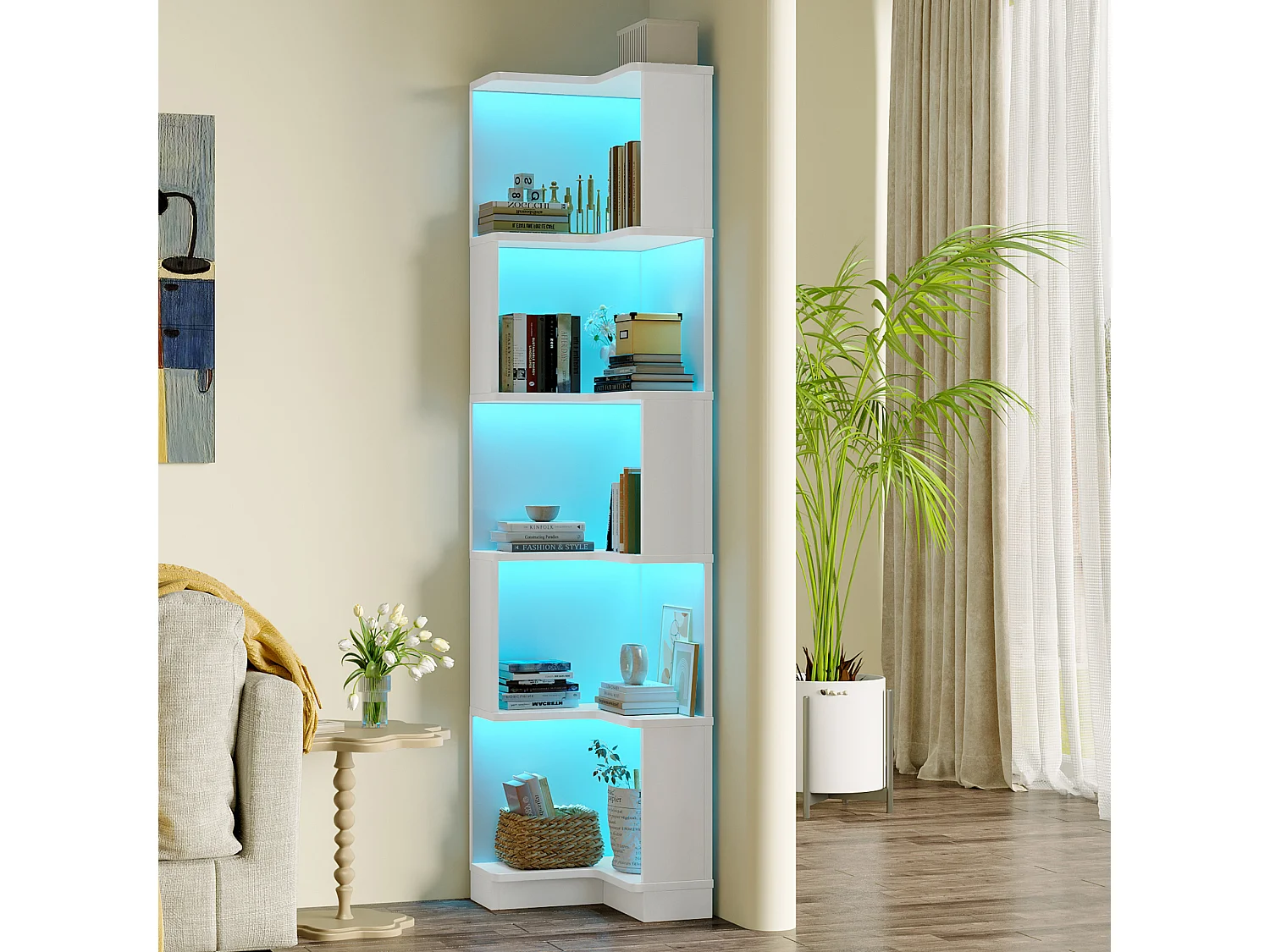 Estante de canto - 63,5 x 45 x 175 cm - com LEDs + 5 prateleiras - MDF - branco