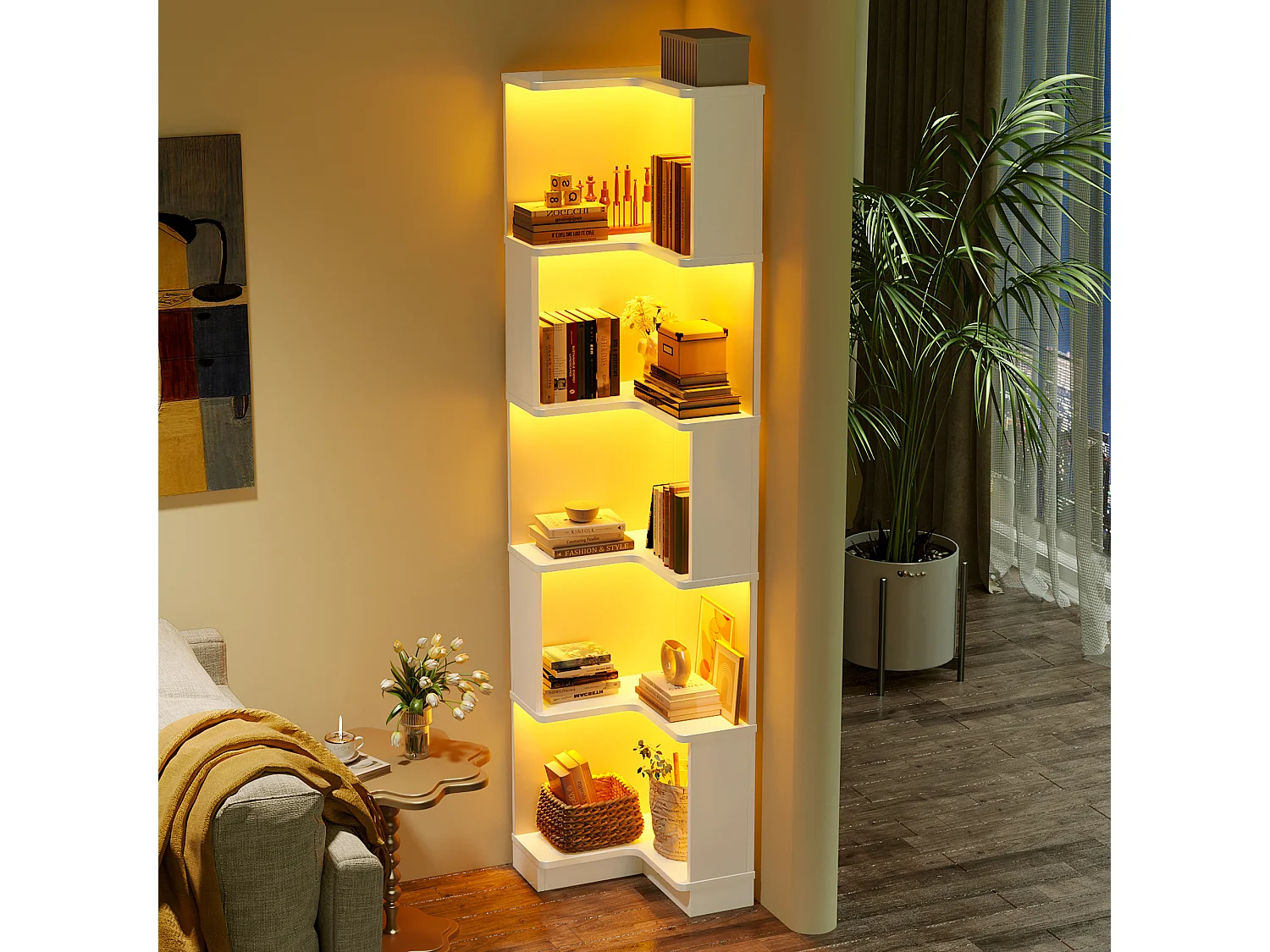 Estante de canto - 63,5 x 45 x 175 cm - com LEDs + 5 prateleiras - MDF - branco