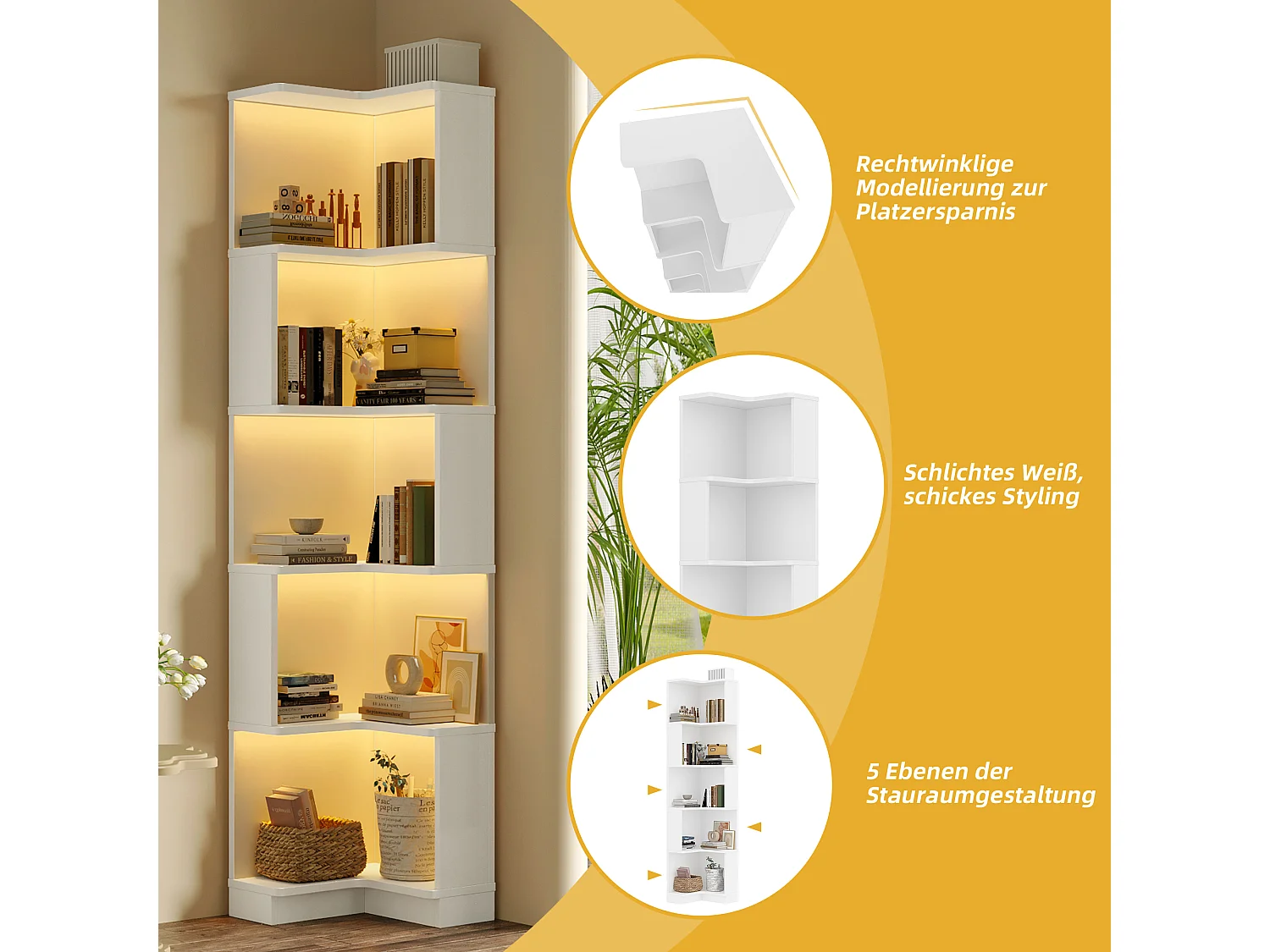 Estante de canto - 63,5 x 45 x 175 cm - com LEDs + 5 prateleiras - MDF - branco