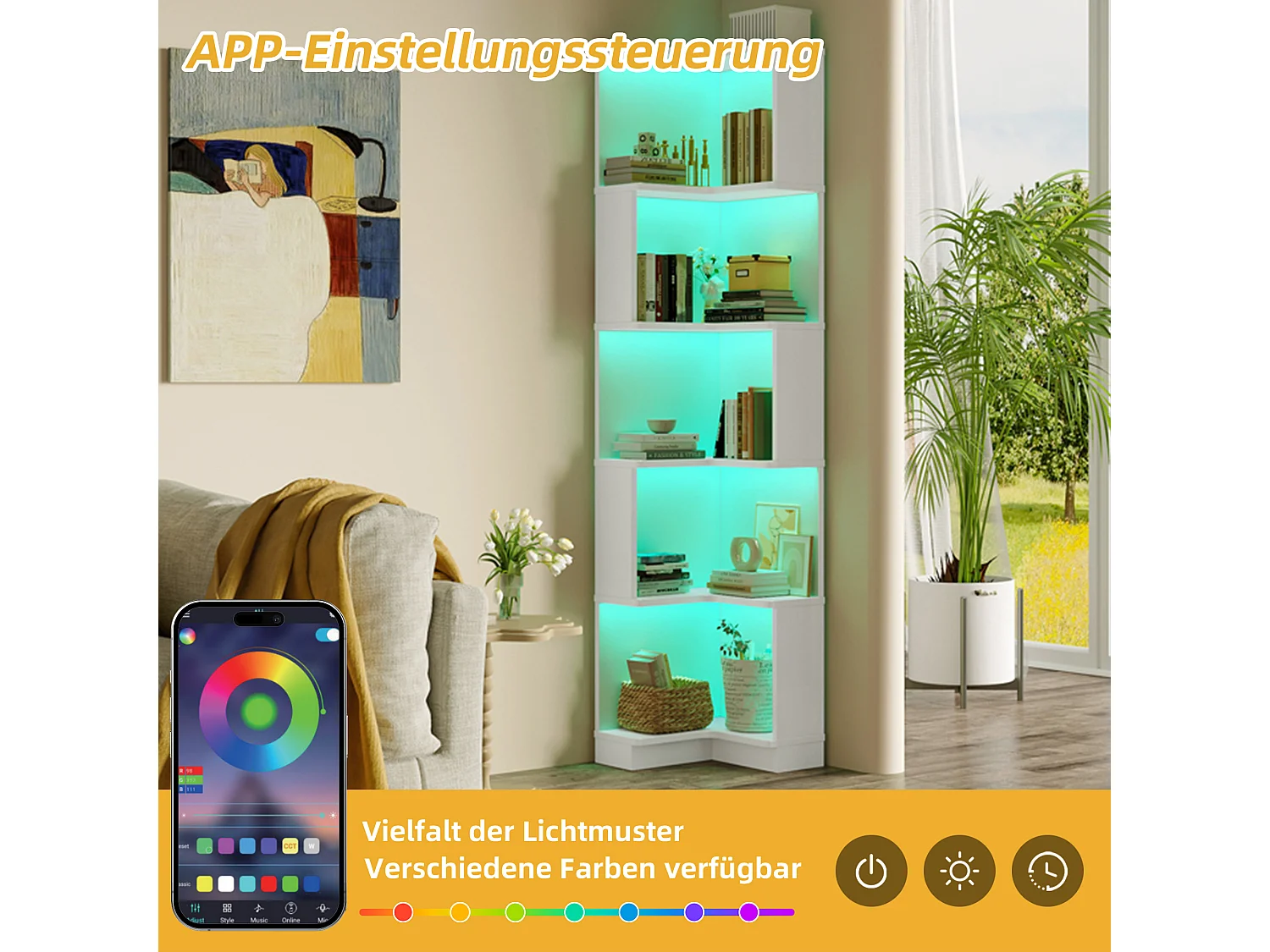 Estante de canto - 63,5 x 45 x 175 cm - com LEDs + 5 prateleiras - MDF - branco