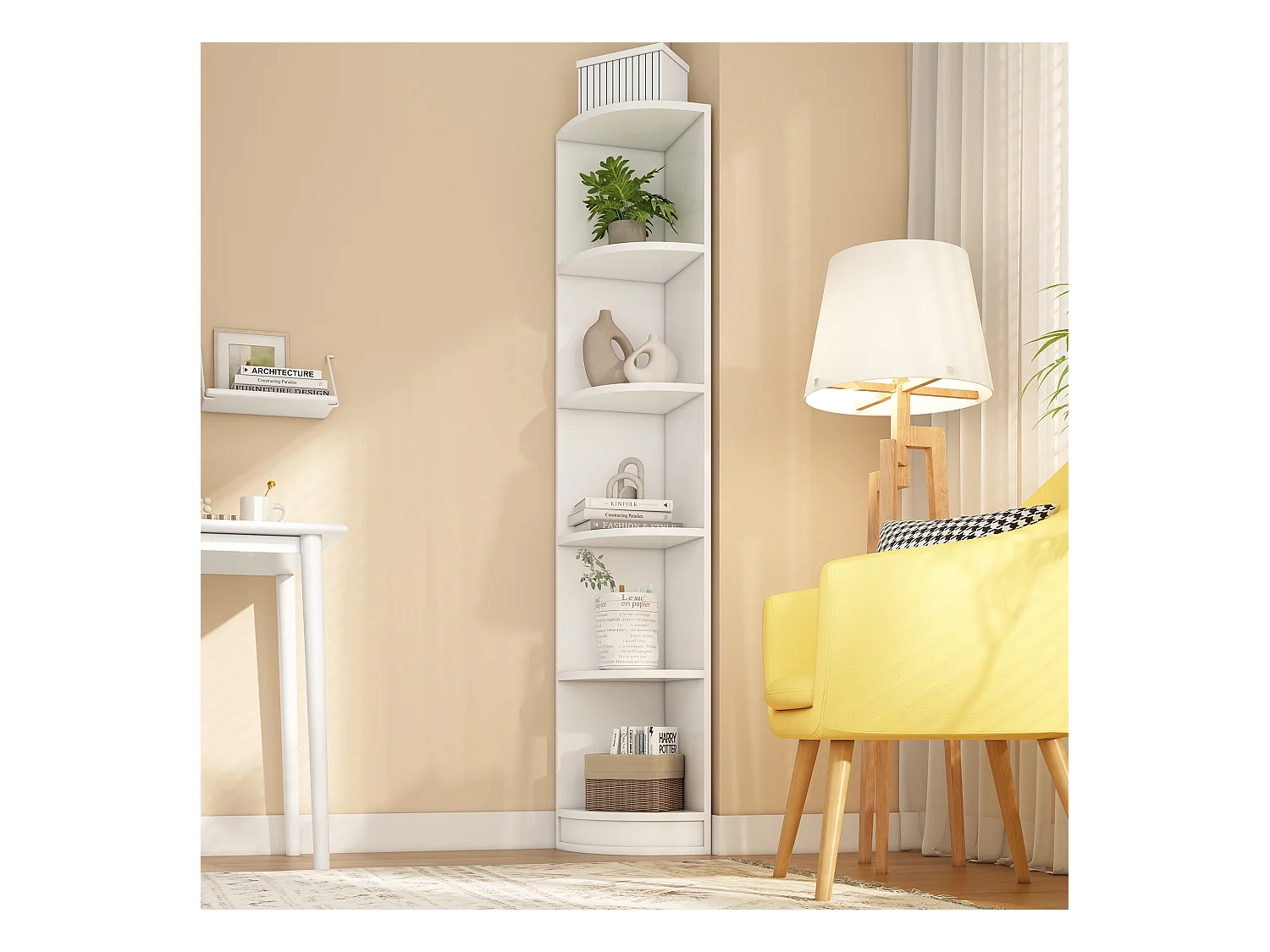 Eckbücherregal - 42 x 30 x 180 cm - fünfschichtige Aufbewahrung - einfache Form - MDF - weiß