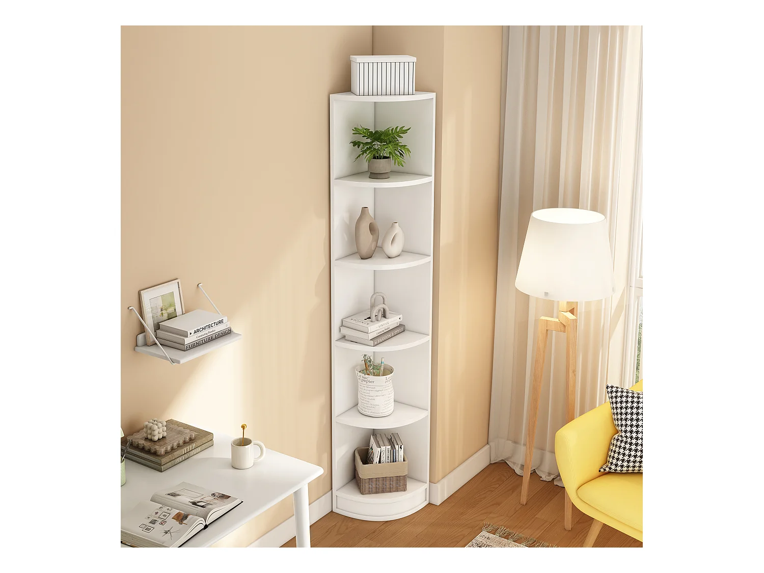 Eckbücherregal - 42 x 30 x 180 cm - fünfschichtige Aufbewahrung - einfache Form - MDF - weiß