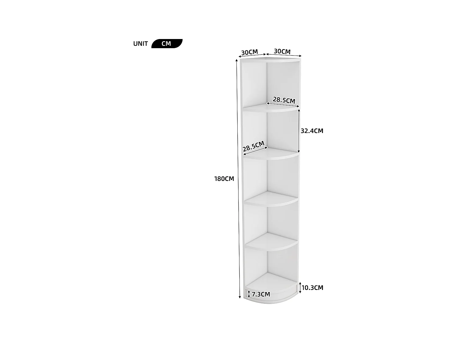 Eckbücherregal - 42 x 30 x 180 cm - fünfschichtige Aufbewahrung - einfache Form - MDF - weiß