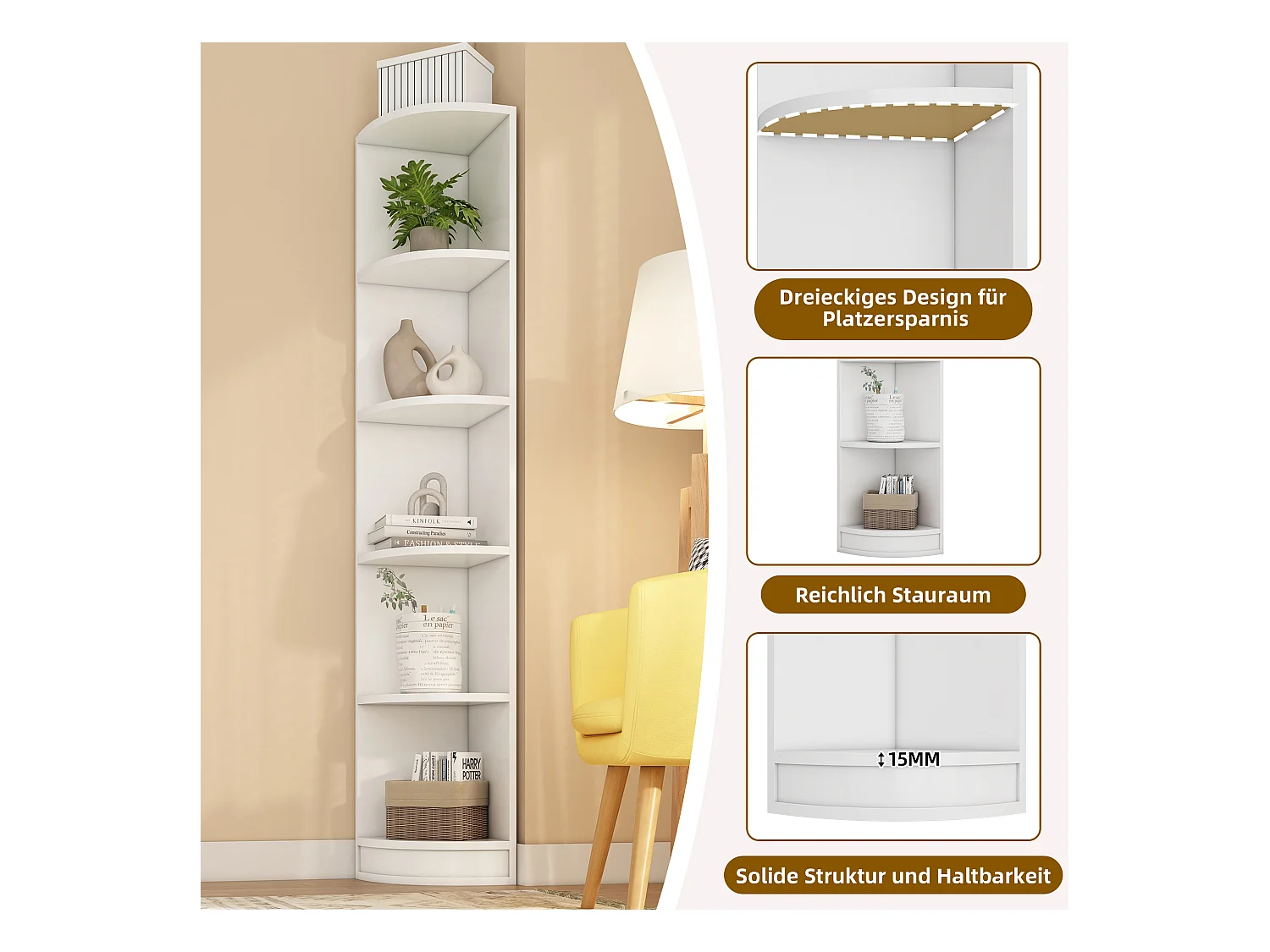 Eckbücherregal - 42 x 30 x 180 cm - fünfschichtige Aufbewahrung - einfache Form - MDF - weiß