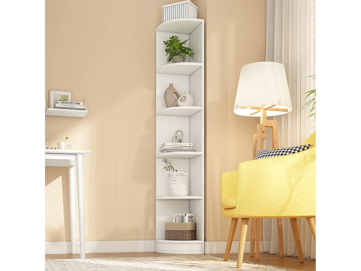 Bibliothèque d'angle - 42 x 30 x 180 cm - rangements à cinq couches - forme simple - MDF - blanc