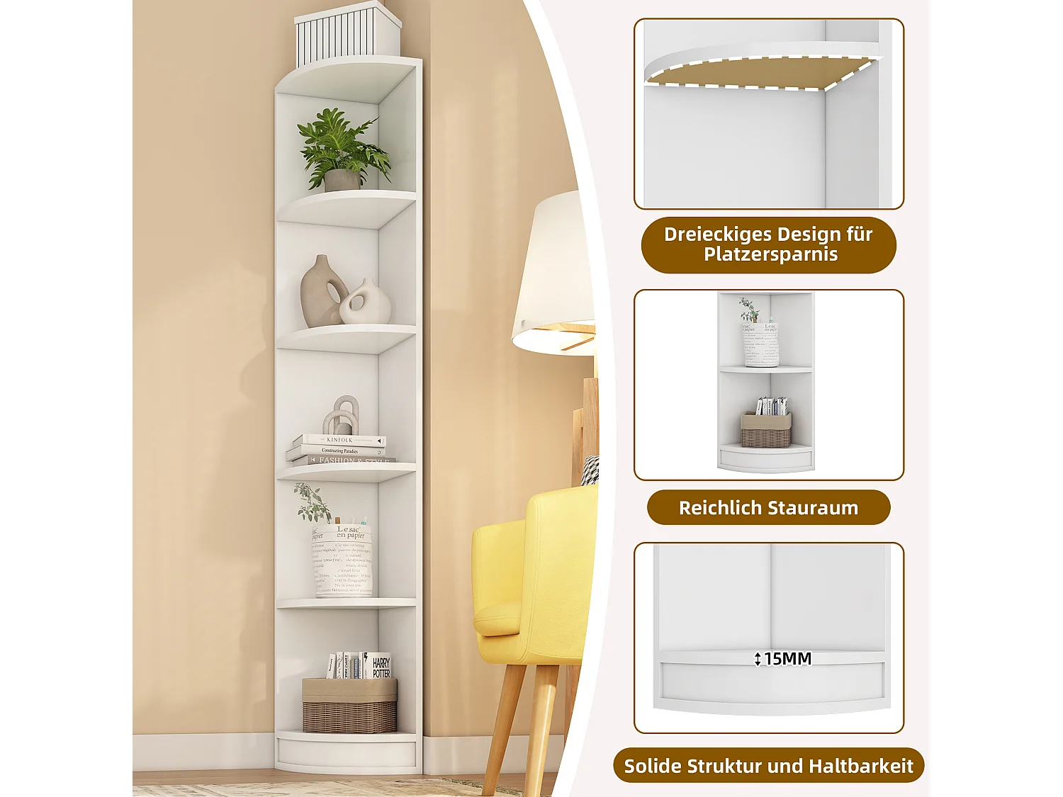 Bibliothèque d'angle - 42 x 30 x 180 cm - rangements à cinq couches - forme simple - MDF - blanc