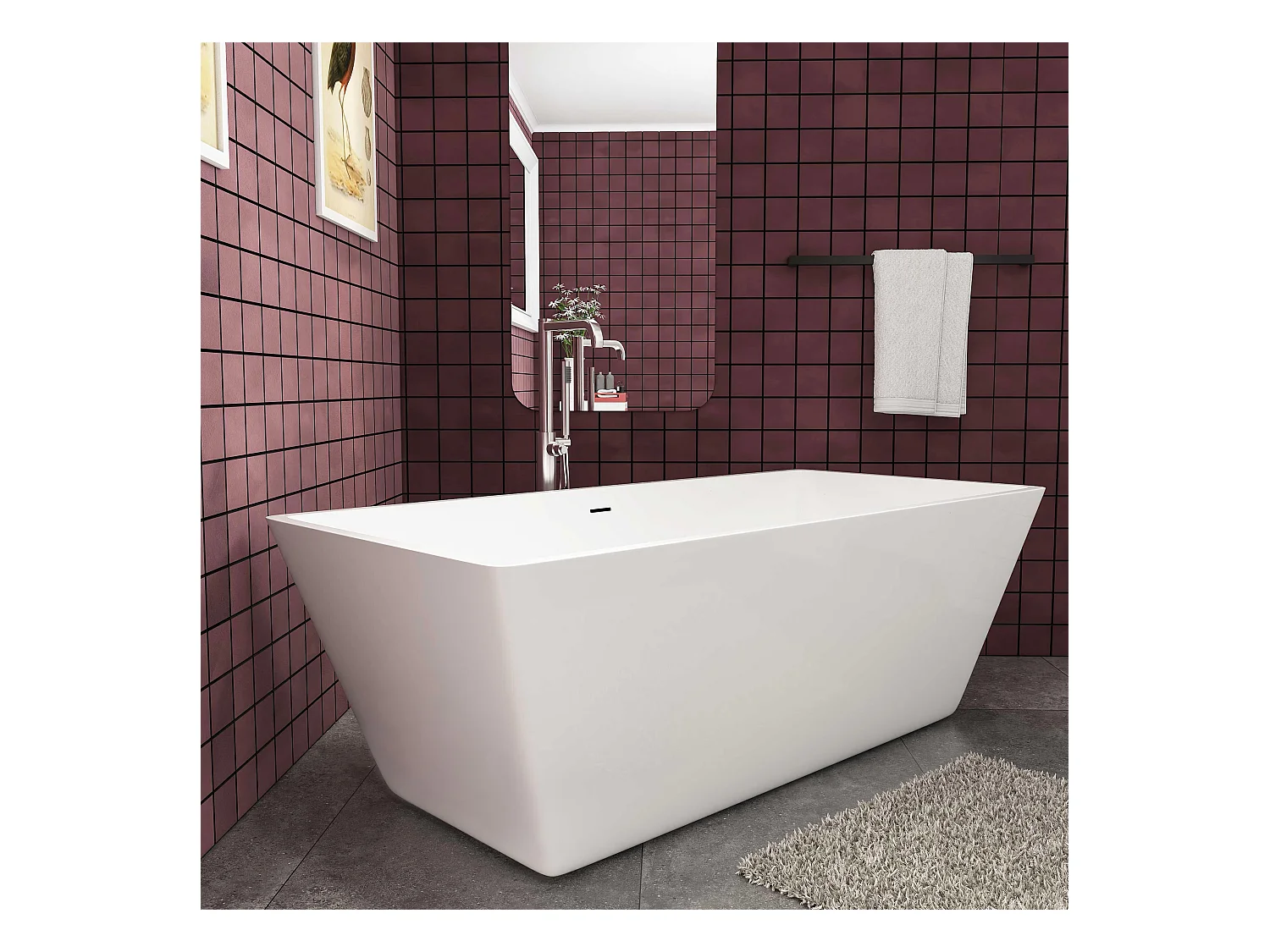 Baignoire îlot rectangulaire - 360L - L.170 x l.80 x H.58cm blanc en Acrylique - avec Bonde et trop plein - Préassemblée, facile à installer