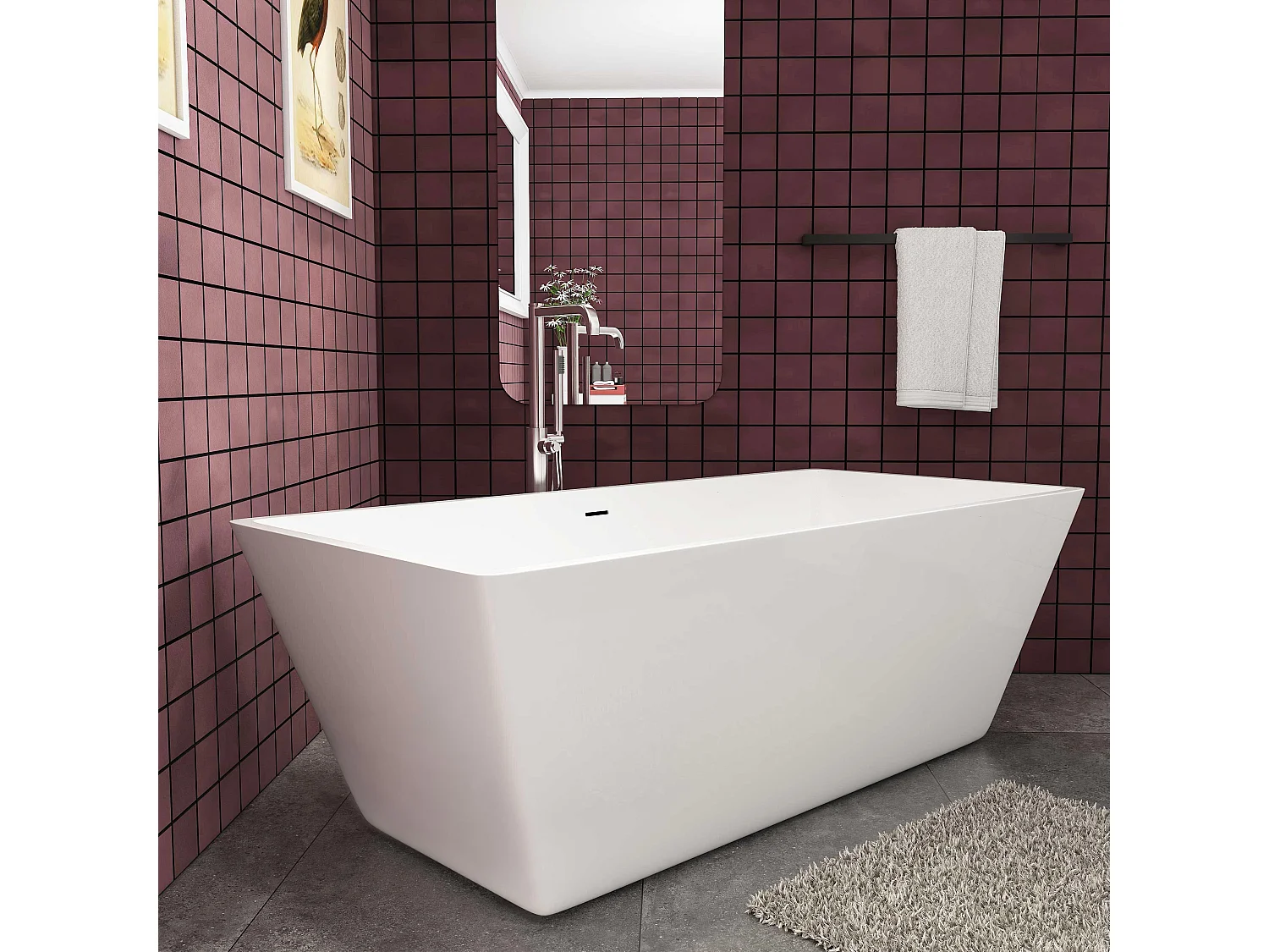 Baignoire îlot rectangulaire - 360L - L.170 x l.80 x H.58cm blanc en Acrylique - avec Bonde et trop plein - Préassemblée, facile à installer