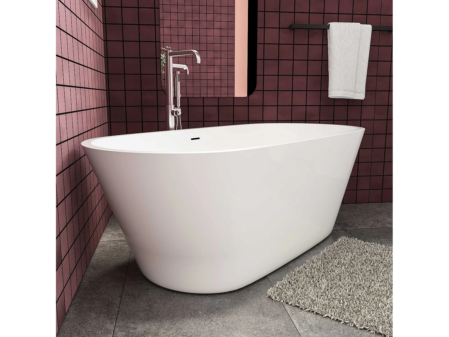 Baignoire îlot ovale - 310L - L.170 x l.80 x H.58cm blanc en Acrylique - avec Bonde et trop plein - Préassemblée, facile à installer