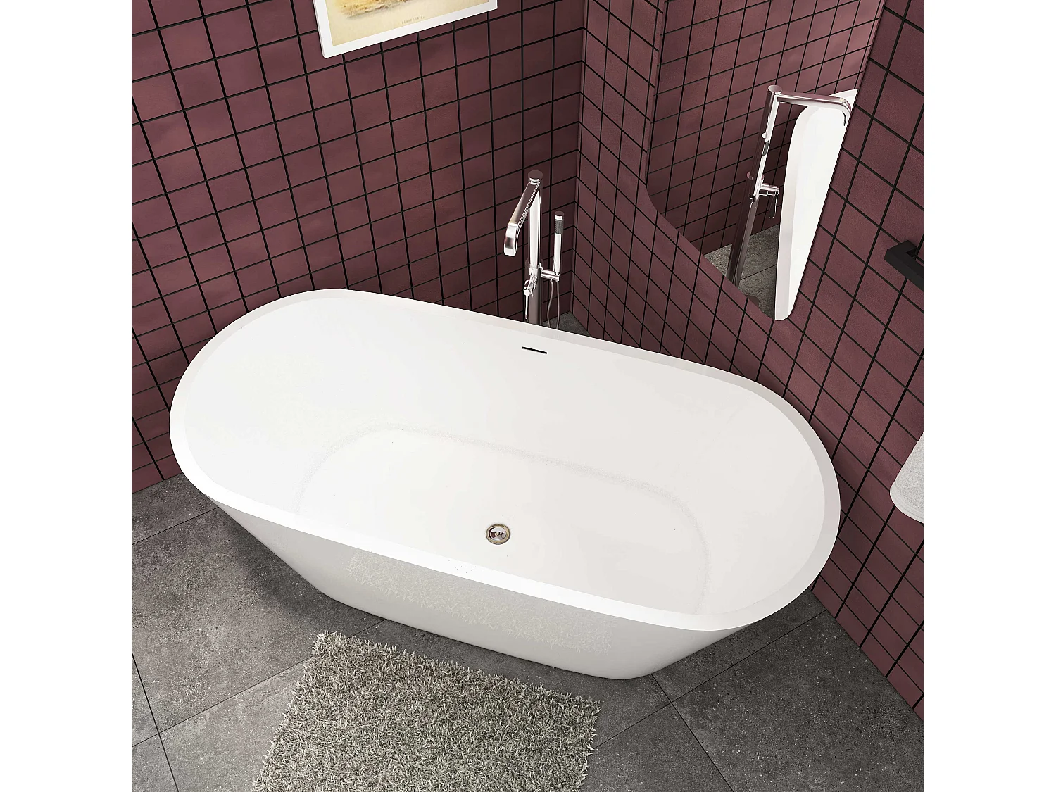 Baignoire îlot ovale - 310L - L.170 x l.80 x H.58cm blanc en Acrylique - avec Bonde et trop plein - Préassemblée, facile à installer