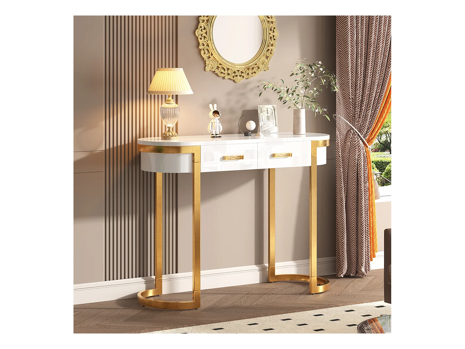 Table d'appoint moderne - 100 x 40 x 76 cm - avec 2 tiroirs - pieds dorés - MDF - blanc + doré