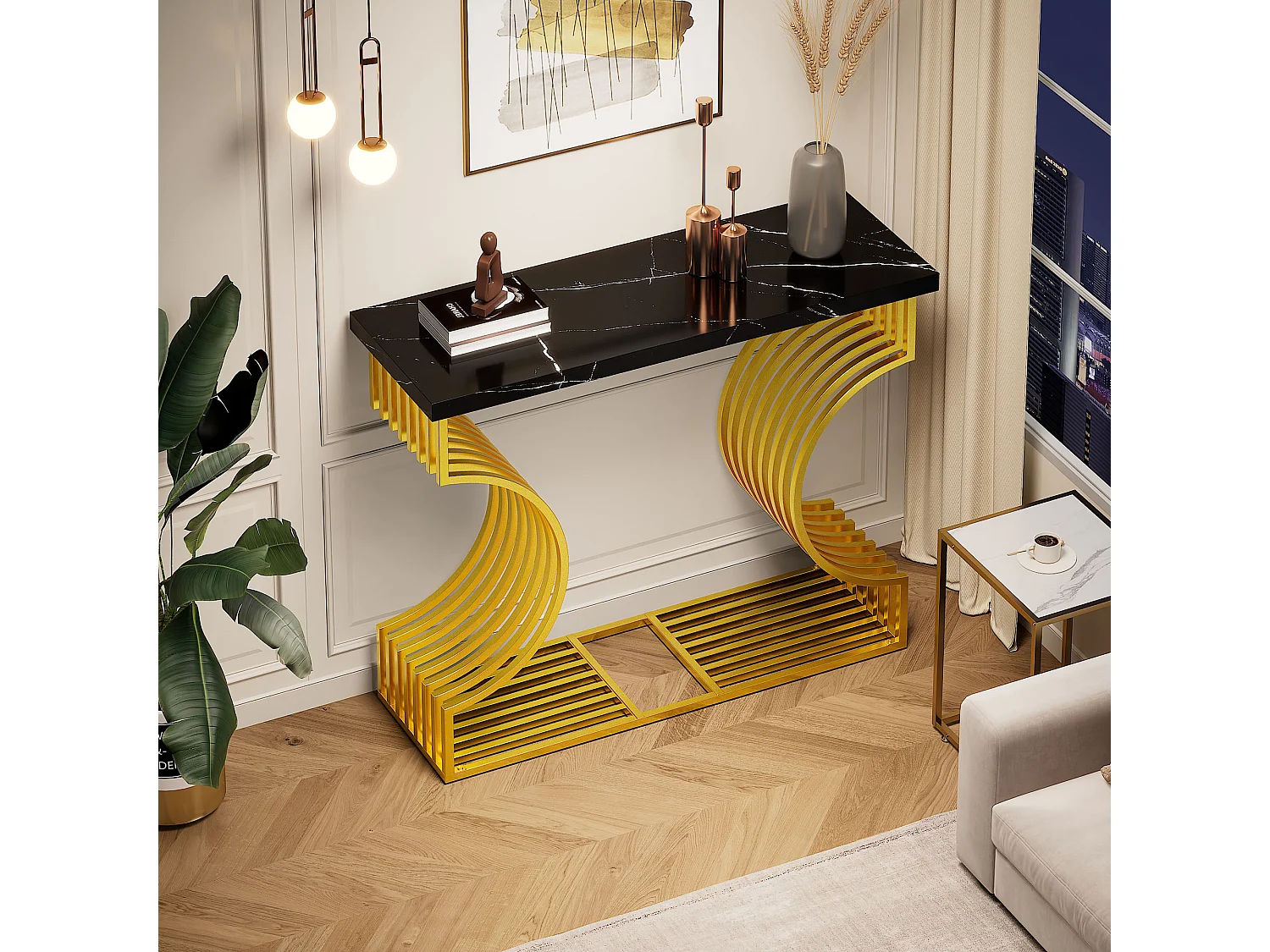 Table basse moderne simple - 100 x 30 x 80 cm - petite table d'appoint - MDF - noir + doré