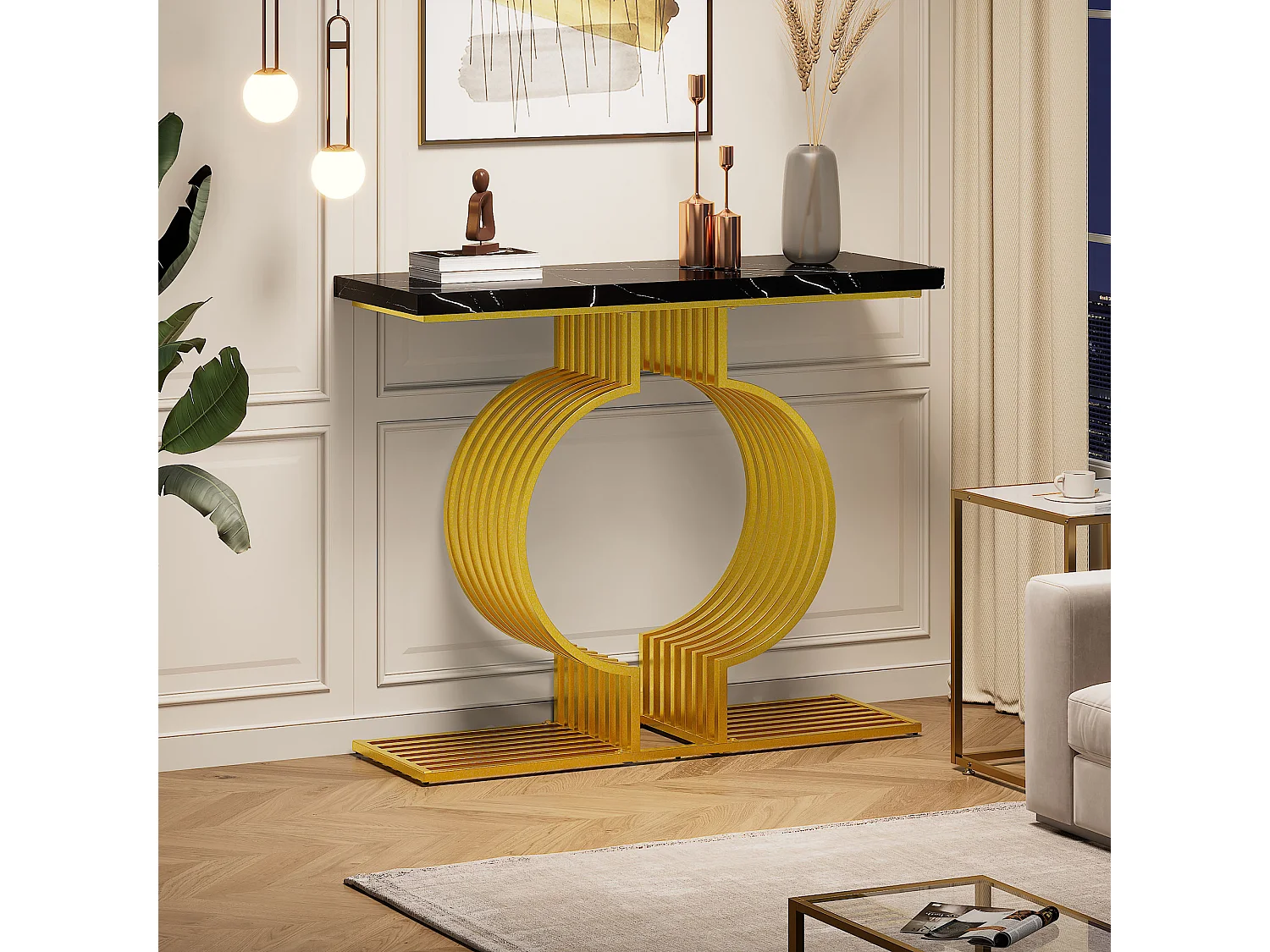 Table basse moderne simple - 100 x 30 x 80 cm - petite table d'appoint - MDF - noir + doré