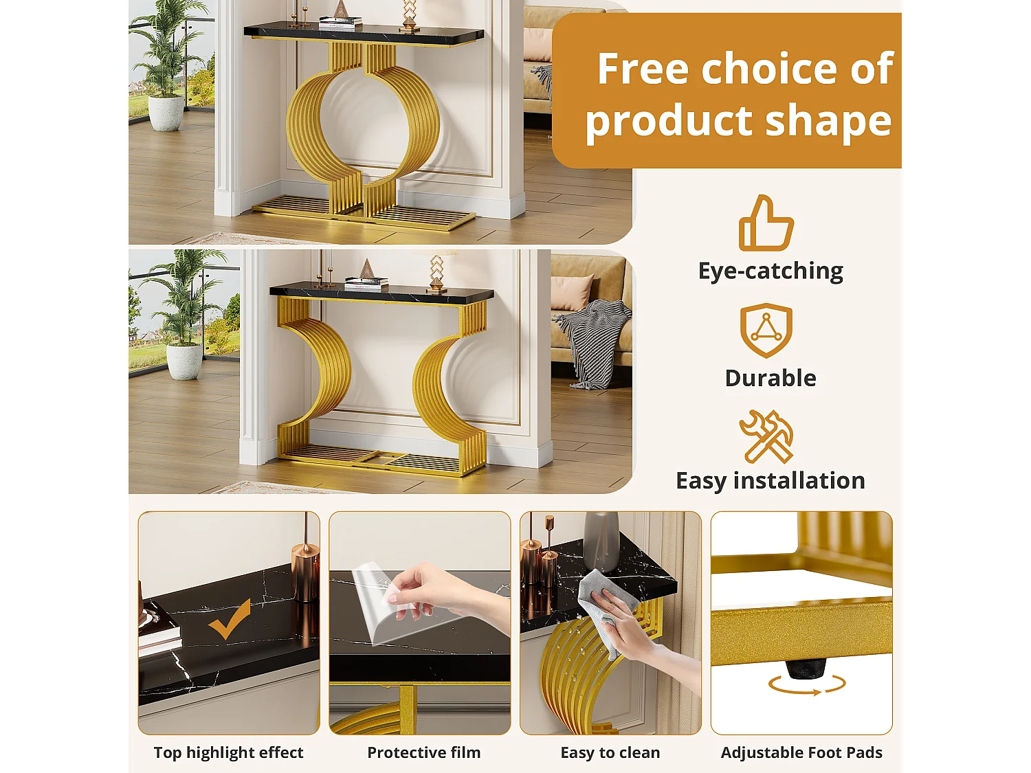 Table basse moderne simple - 100 x 30 x 80 cm - petite table d'appoint - MDF - noir + doré