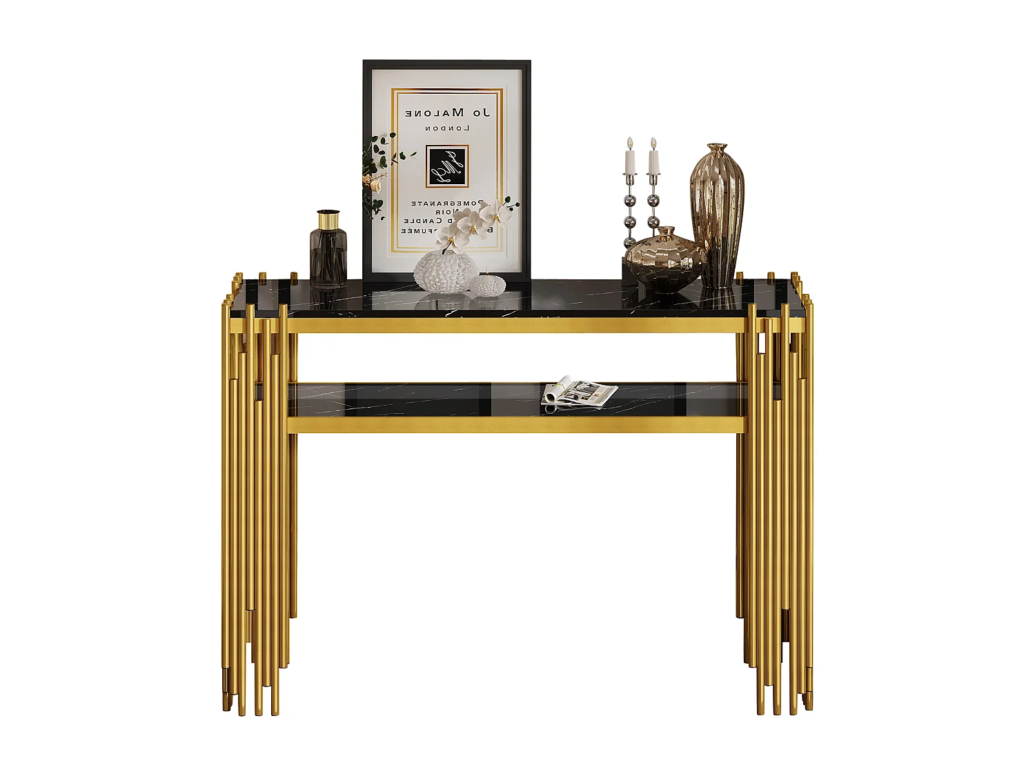 Table d'appoint - 124 x 44 x 80 cm - table de salon moderne du milieu du siècle - pieds dorés - MDF - noir+ doré