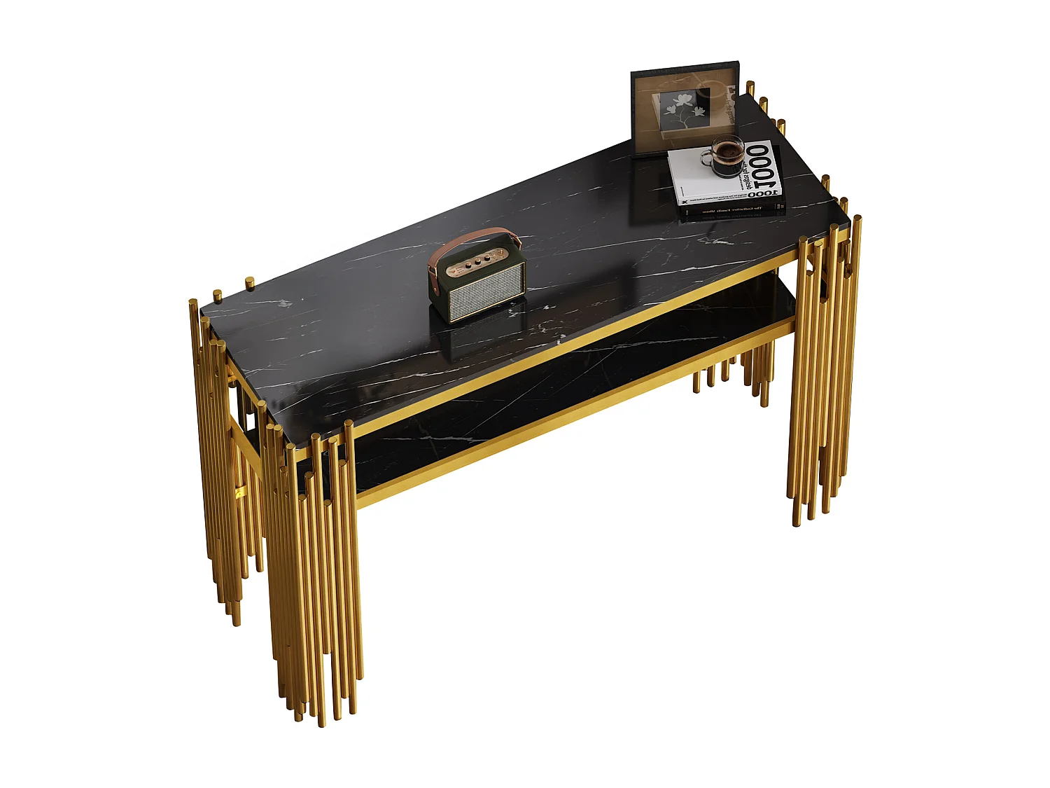 Table d'appoint - 124 x 44 x 80 cm - table de salon moderne du milieu du siècle - pieds dorés - MDF - noir+ doré