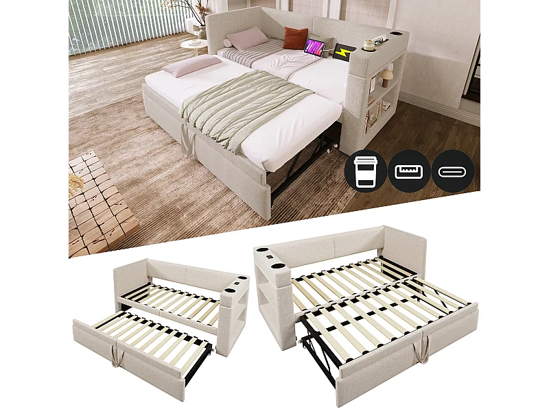 Banquette-lit - 90 x 200 cm + 90 x 190 cm - avec lit gigogne - accoudoirs avec USB + rangement - bois + coton + métal - beige