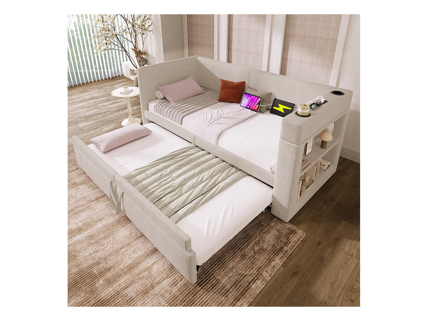 Banquette-lit - 90 x 200 cm + 90 x 190 cm - avec lit gigogne - accoudoirs avec USB + rangement - bois + coton + métal - beige