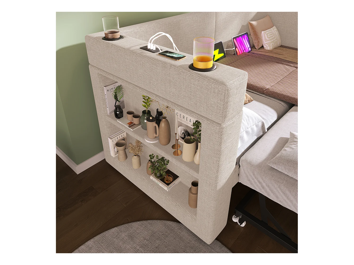 Banquette-lit - 90 x 200 cm + 90 x 190 cm - avec lit gigogne - accoudoirs avec USB + rangement - bois + coton + métal - beige