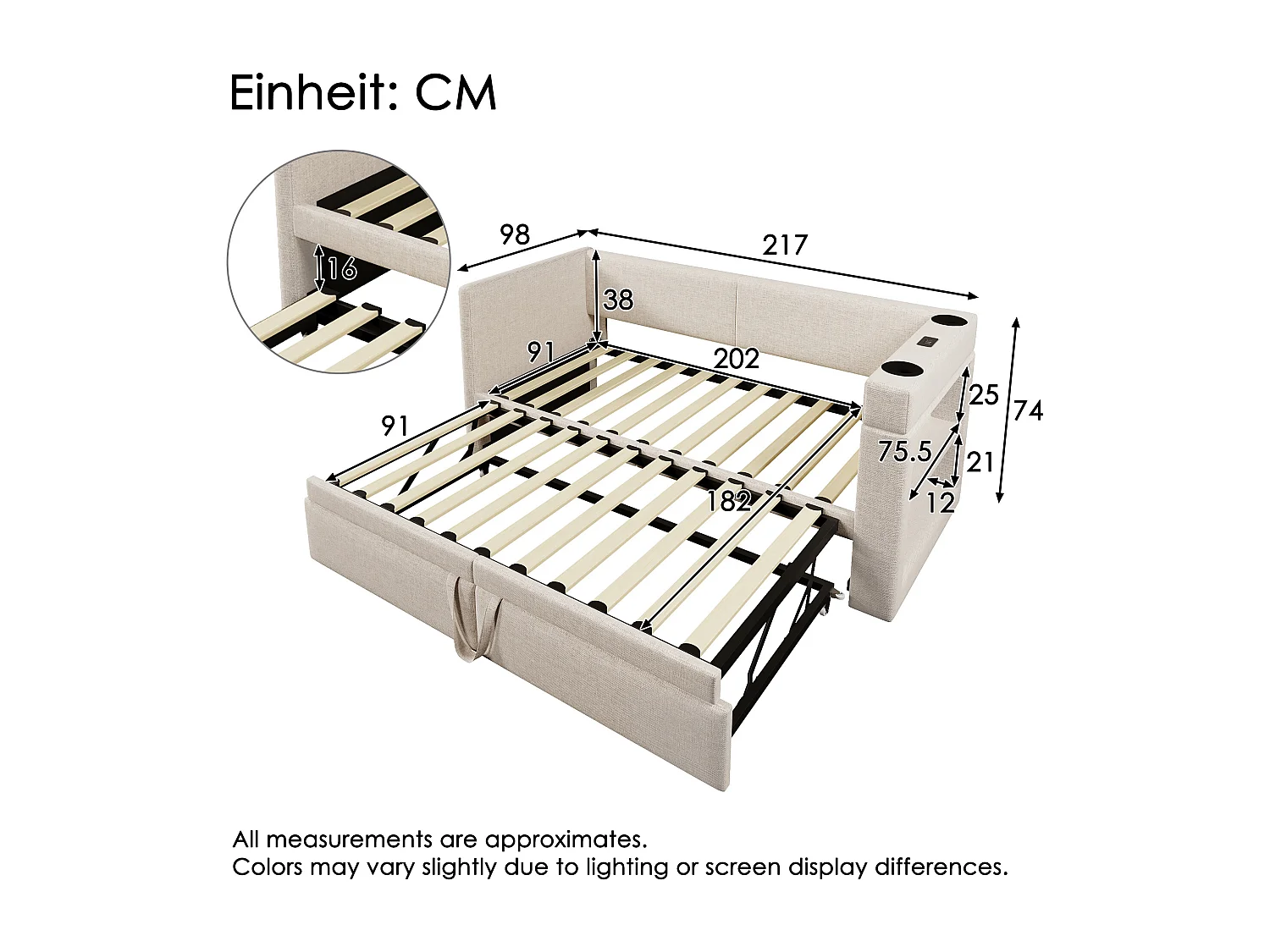 Banquette-lit - 90 x 200 cm + 90 x 190 cm - avec lit gigogne - accoudoirs avec USB + rangement - bois + coton + métal - beige